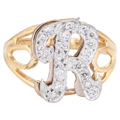 Letter R Diamond Initial Ring Vintage 14k Yellow Gold 7.25 Fine Estate Jewelry