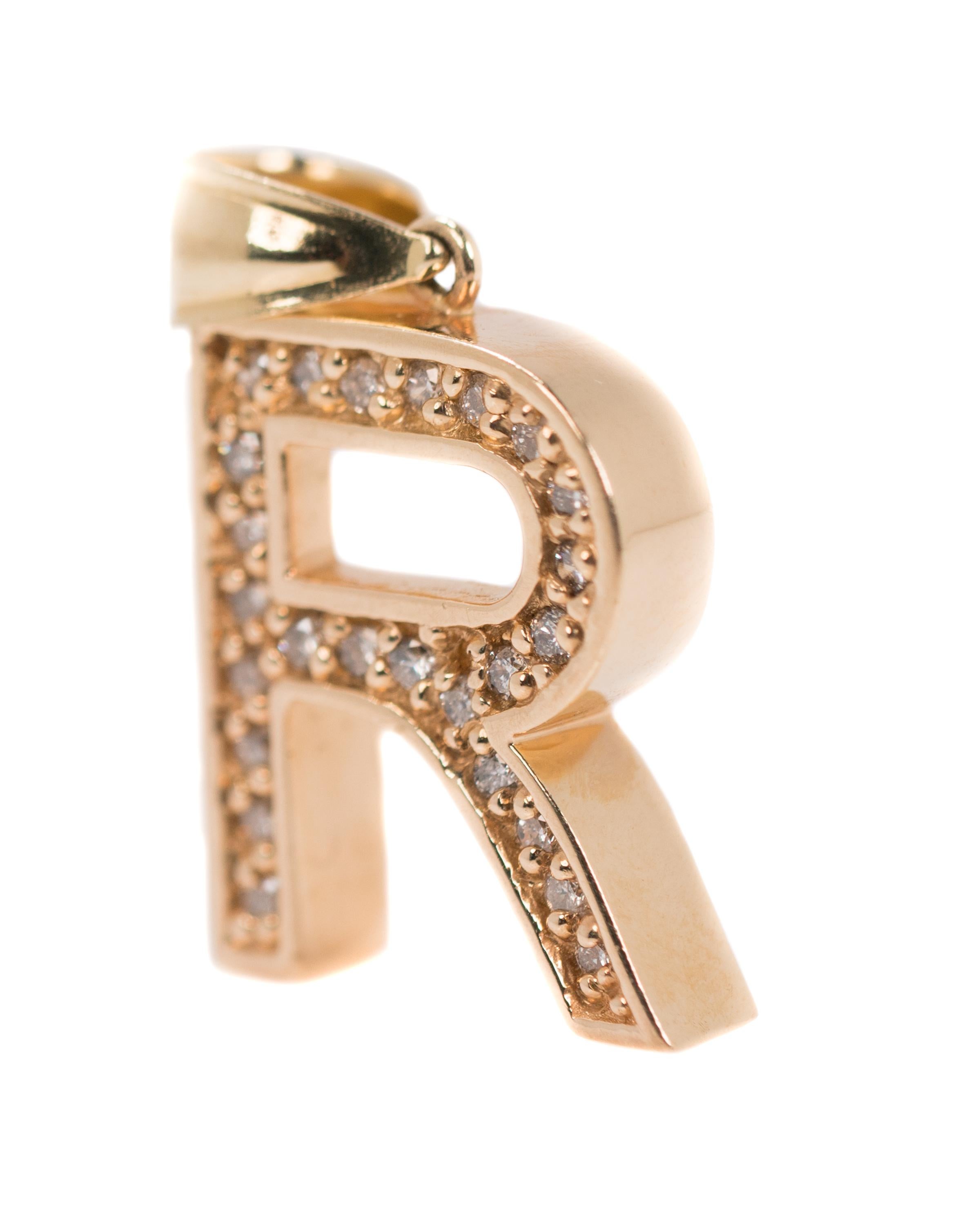 Round Cut Letter R Diamond Pendant Charm in 14 Karat Yellow Gold