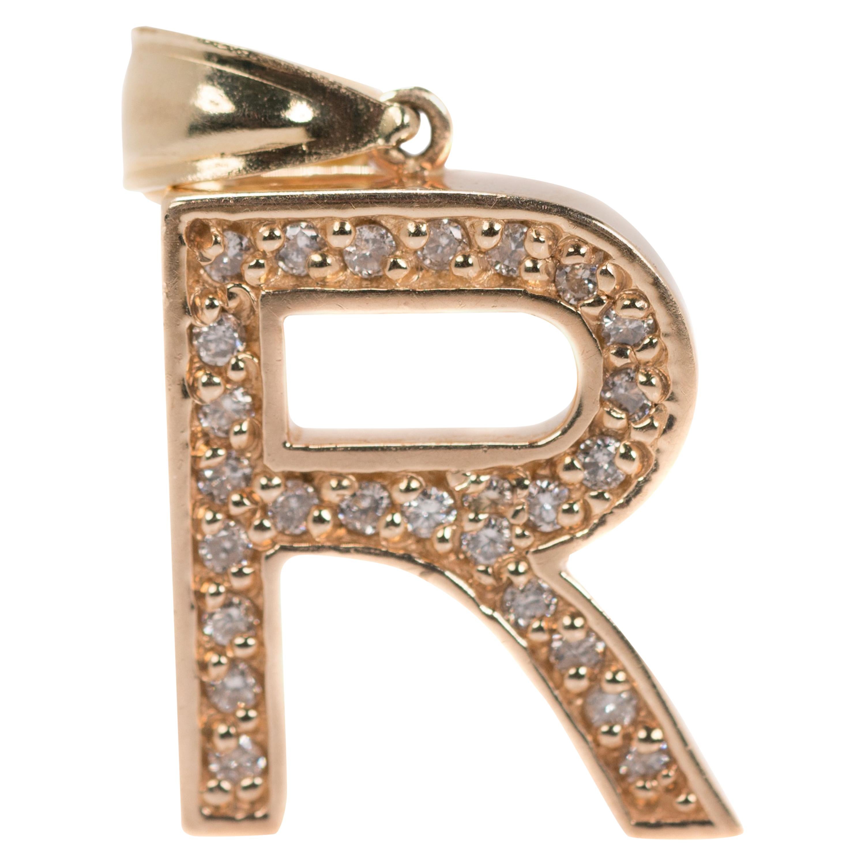 Letter R Diamond Pendant Charm in 14 Karat Yellow Gold