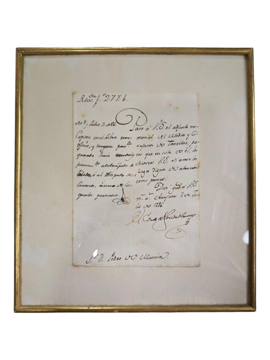 Rare historical document: handwritten letter signed in 1786 by José Moñino y Redondo, better known as the Count of Floridablanca, a prominent 18th-century Spanish political figure and Minister of State under Charles III.

The document is carefully