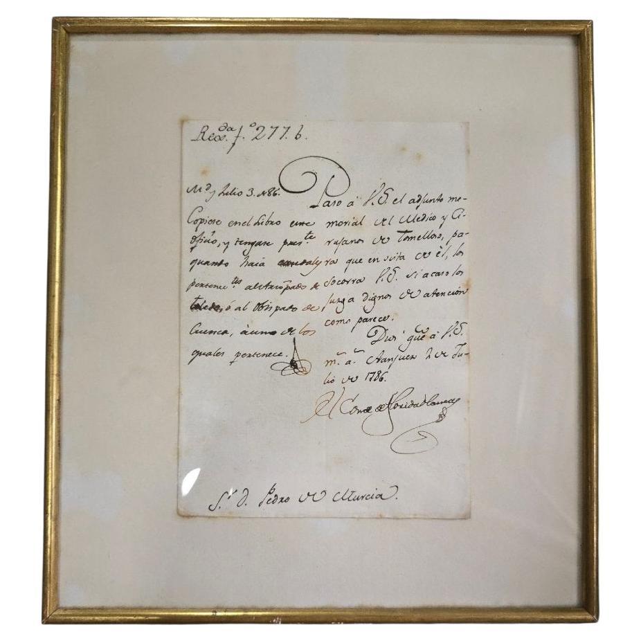 Letter signed by the Count of Floridablanca – 1786 For Sale