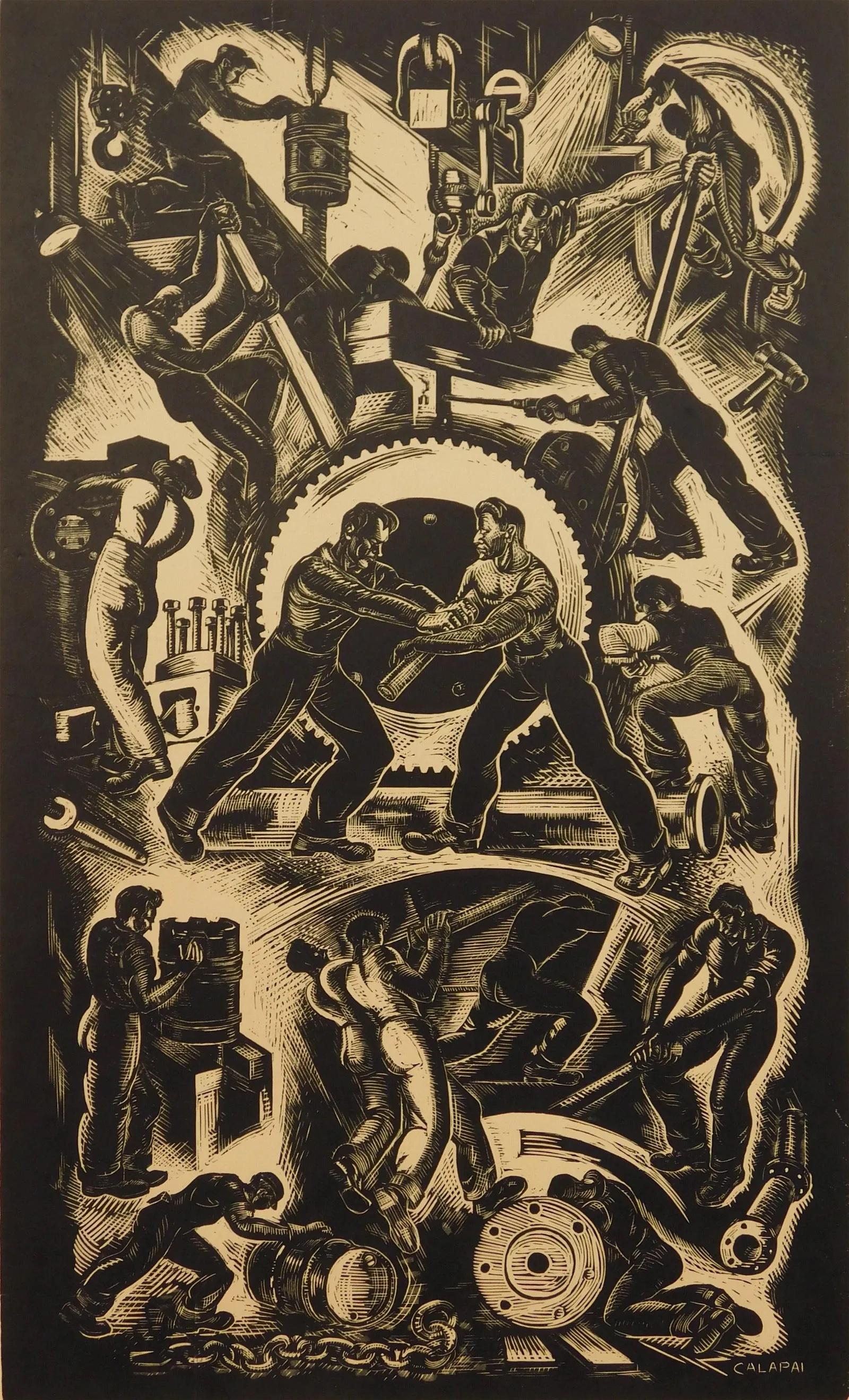 Letterio Calapai Interior Print - "Labor in a Diesel Plant" Machine Age American Scene Industrial Mid 20th Century