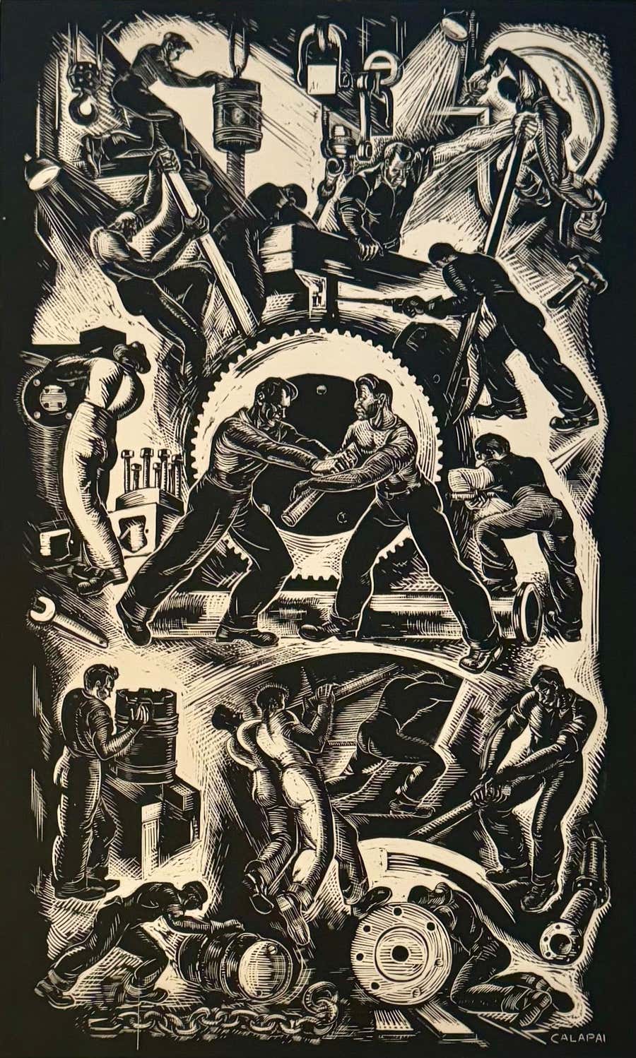"Labor in a Diesel Plant" Machine Age American Scene Industrial Mid 20th Century