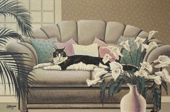 Large Scale Reclining Black & White Cat on Sofa Painting by Letterman C.1970
