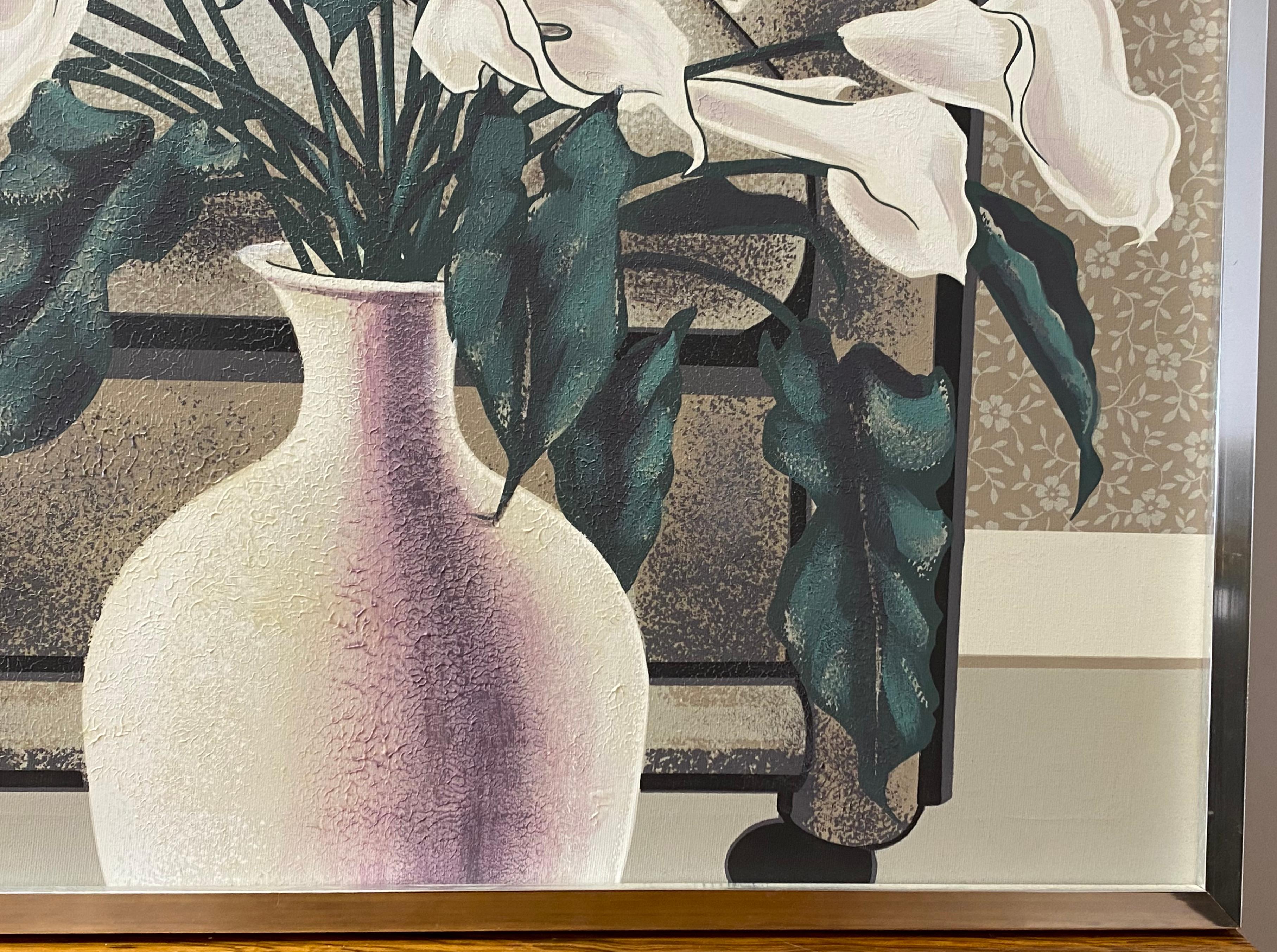 Large Scale Reclining Black & White Cat on Sofa Painting by Letterman C.1970

Outstanding statement piece for all you cat lovers out there!

This handsome cat is making himself at home on the sofa surrounded by plants and flowers

The original