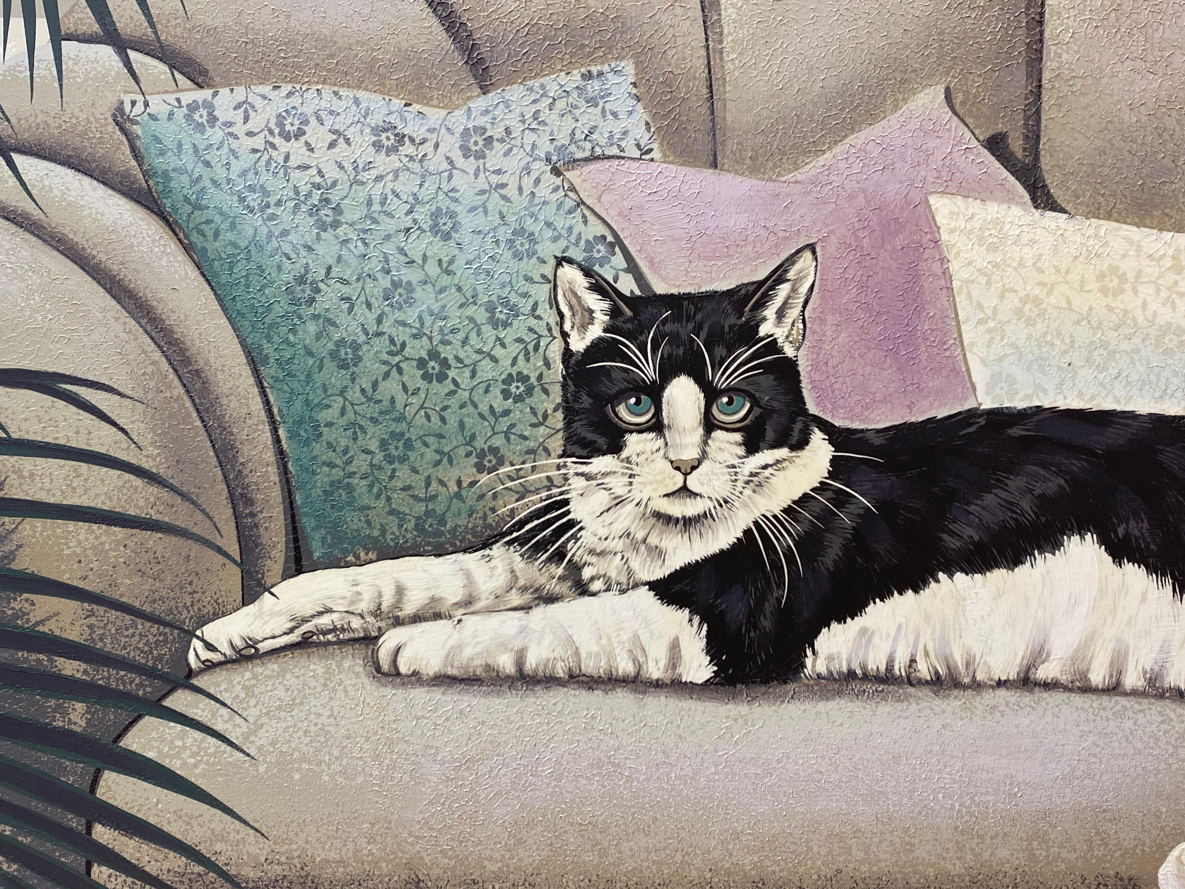 Large Scale Reclining Black & White Cat on Sofa Painting by Letterman C.1970 3
