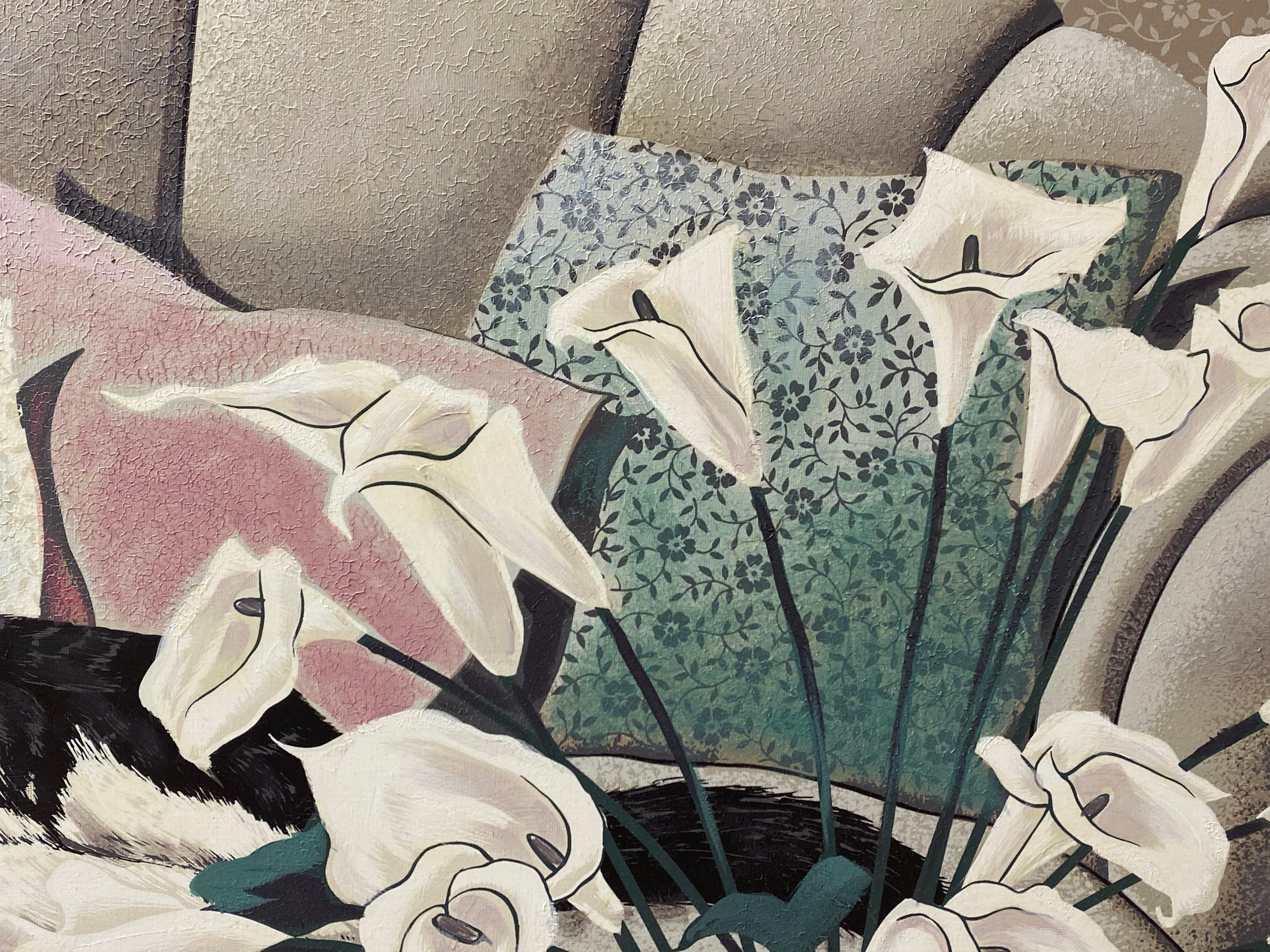 Large Scale Reclining Black & White Cat on Sofa Painting by Letterman C.1970 4