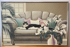 Large Scale Reclining Black & White Cat on Sofa Painting by Letterman C.1970