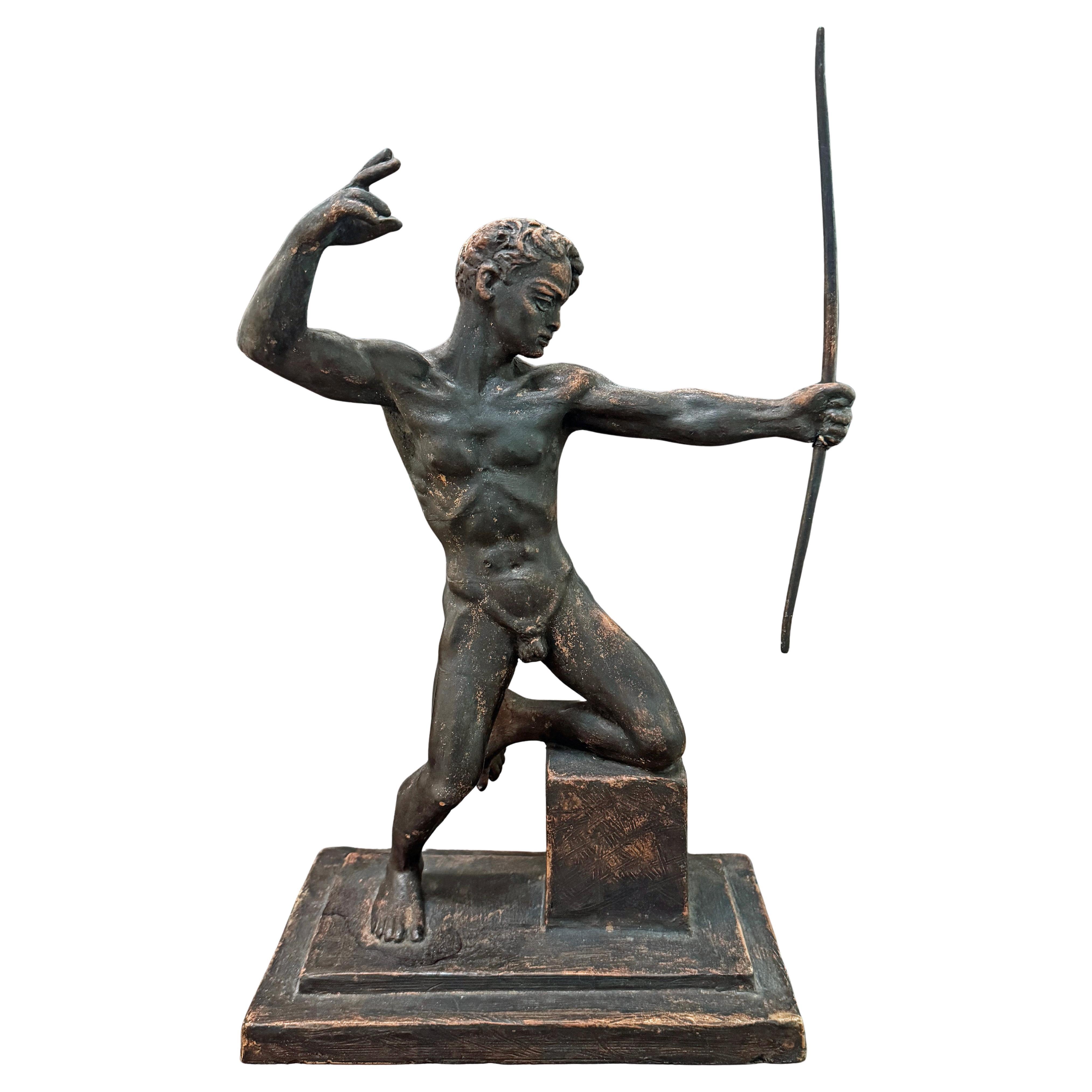 "Letting Loose the Arrow", Rare Sculpture with Male Nude by Csizmadia, Hungary