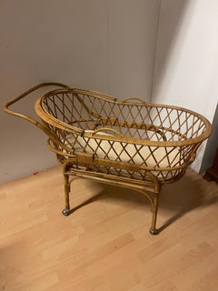 Vintage 1990s wicker and bamboo baby crib bed