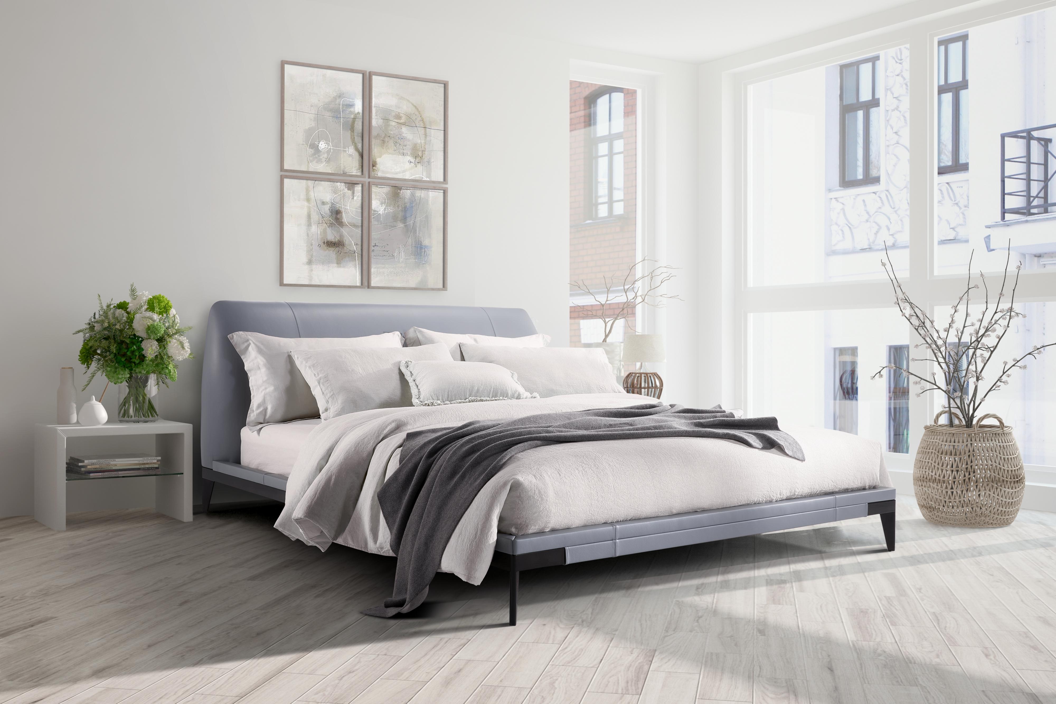 Modern ADESSO bed in light blue genuine leather and metal base. By Legame Italia For Sale