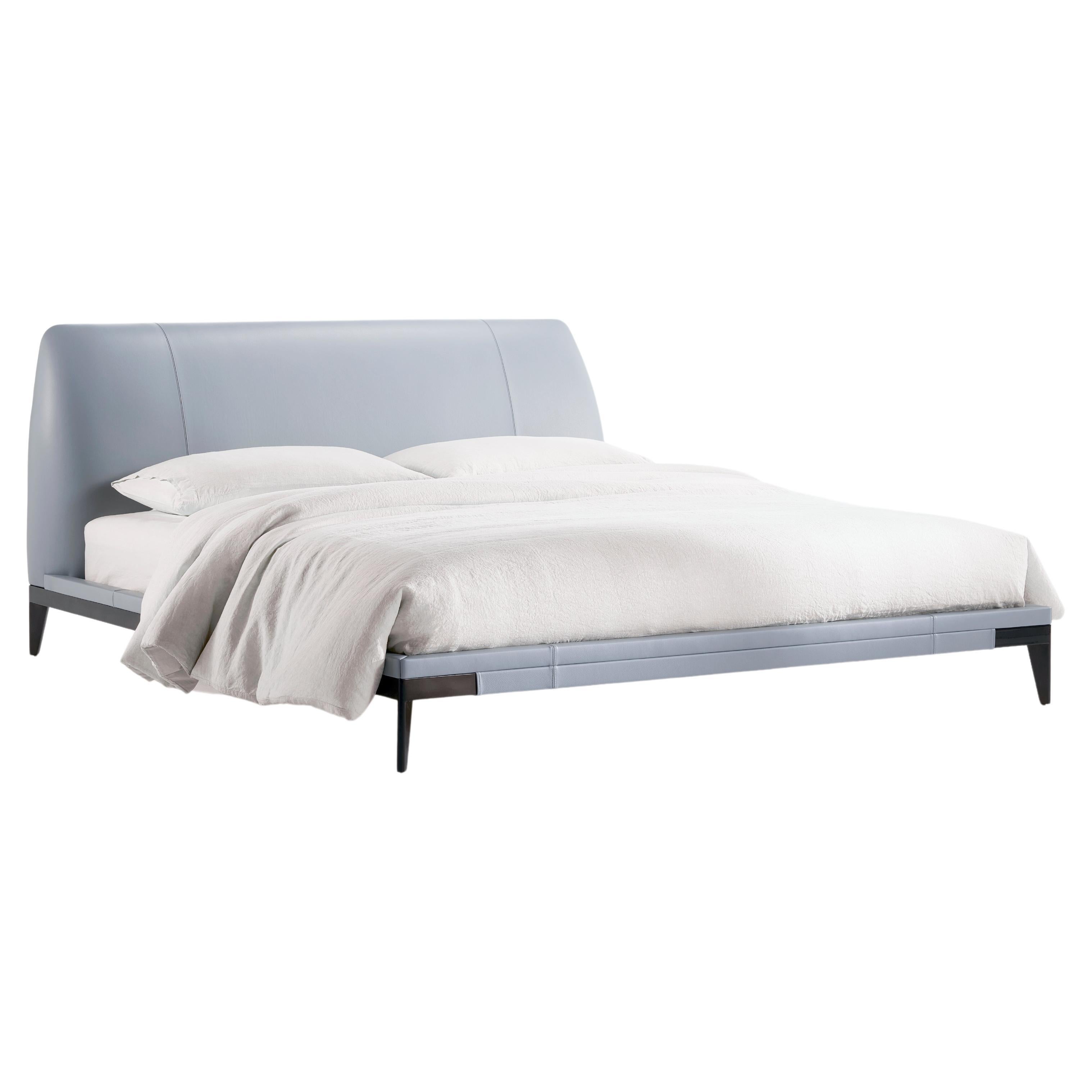 ADESSO bed in light blue genuine leather and metal base. By Legame Italia For Sale
