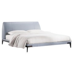 ADESSO bed in light blue genuine leather and metal base. By Legame Italia