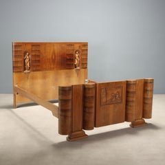 Italian Art Deco Double Bed in Walnut and Walnut Burl