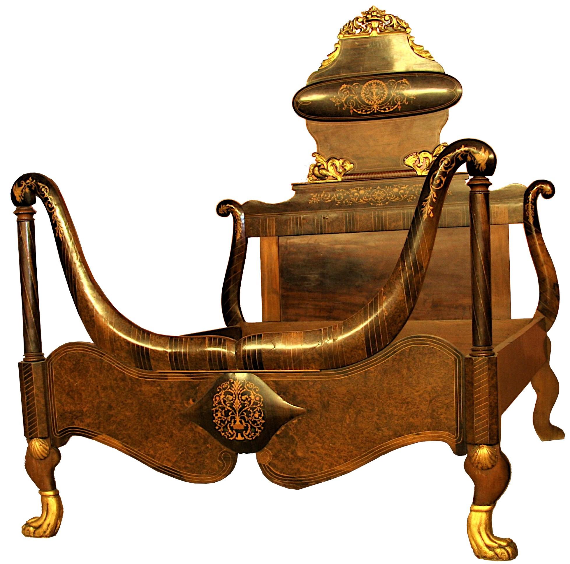 Mahogany bed from the 1850s Empire period inlaid and gilded

Austrian bed 1850s empire period  mahogany with inlays and gilding
Important and elegant double bed circa 1850.
Bed of Austrian origin, from the Empire period (late Empire circa