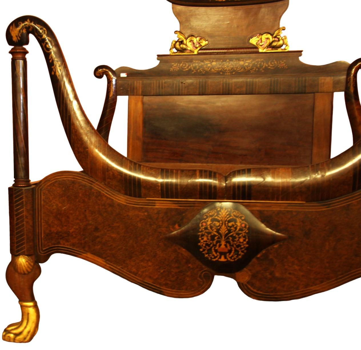 Austrian Mahogany double bed 1850s Empire period inlaid and gilded For Sale