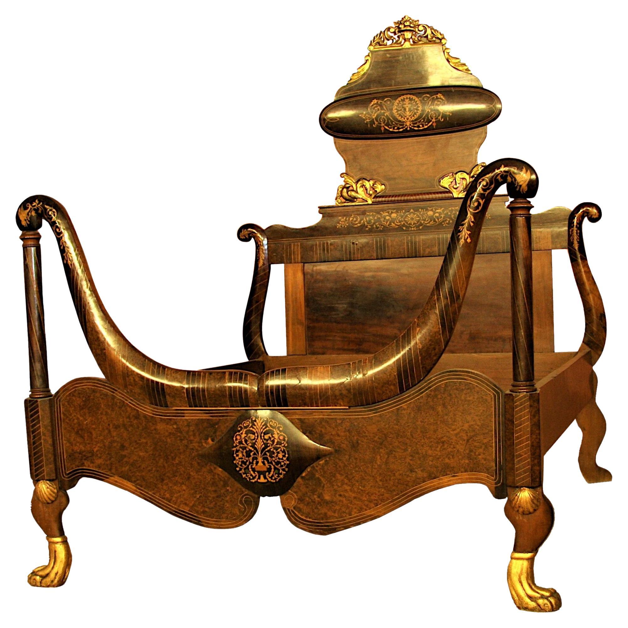 Mahogany double bed 1850s Empire period inlaid and gilded For Sale