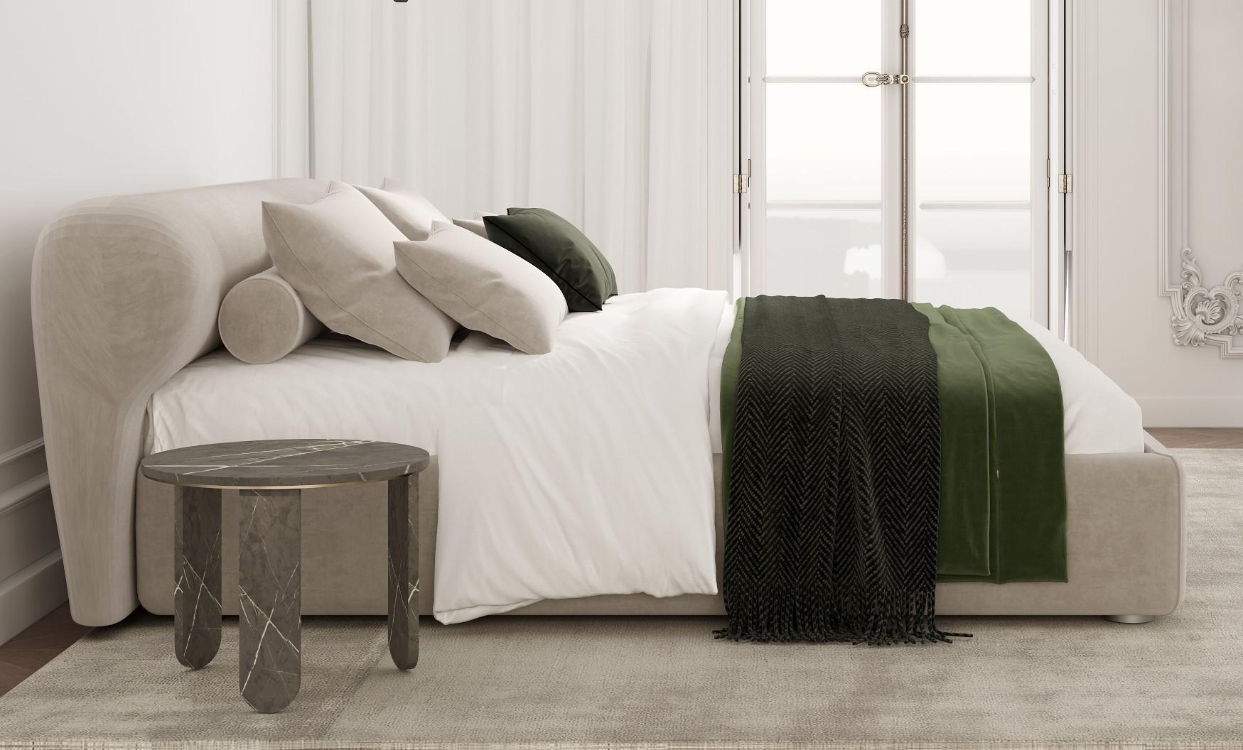 Hand-Crafted Stone bed, with upholstered headboard For Sale