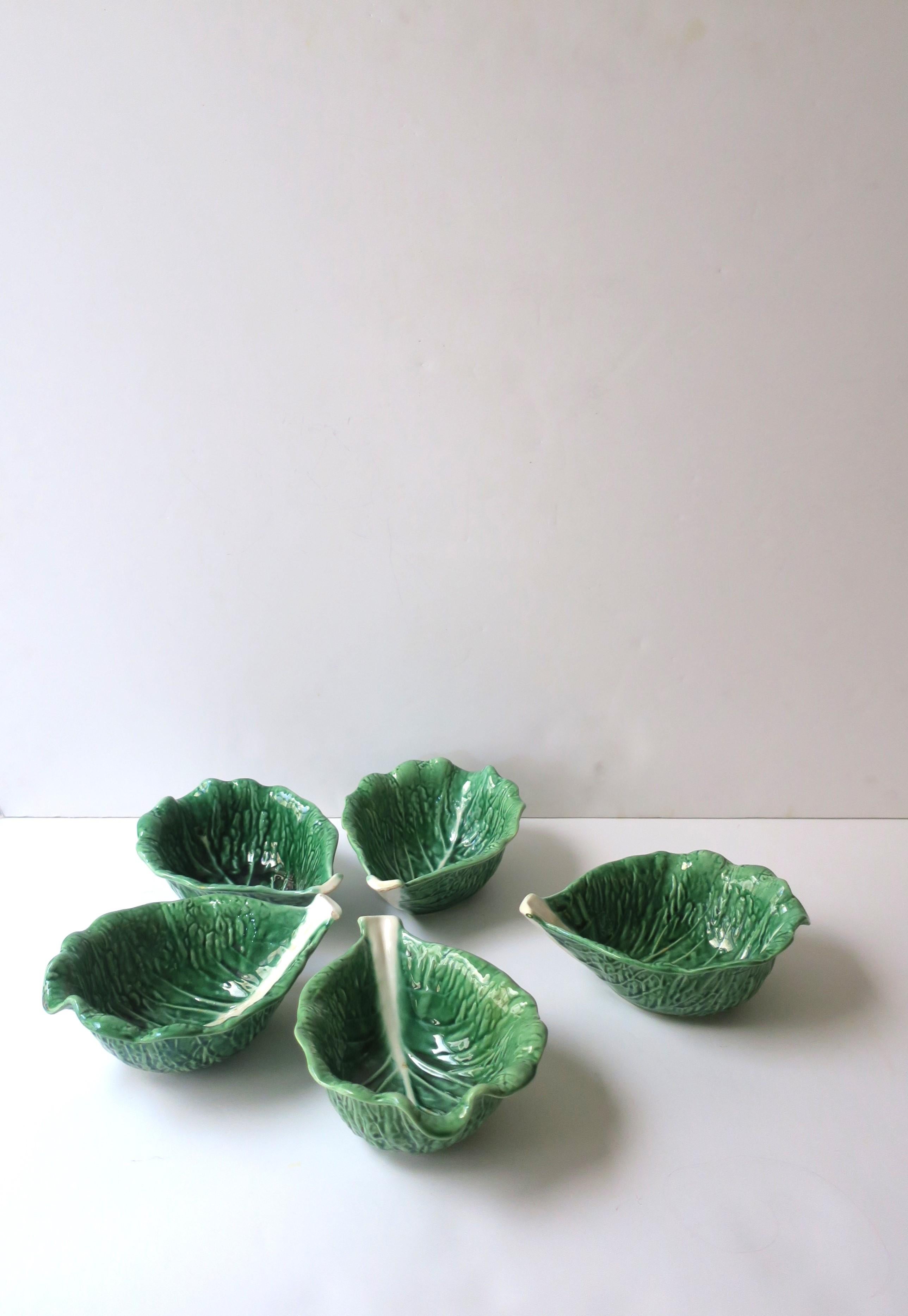 Portuguese Green Lettuce or Cabbage Leaf Serving or Dip Bowl Trompe l'Oeil Style, 5 Avail For Sale