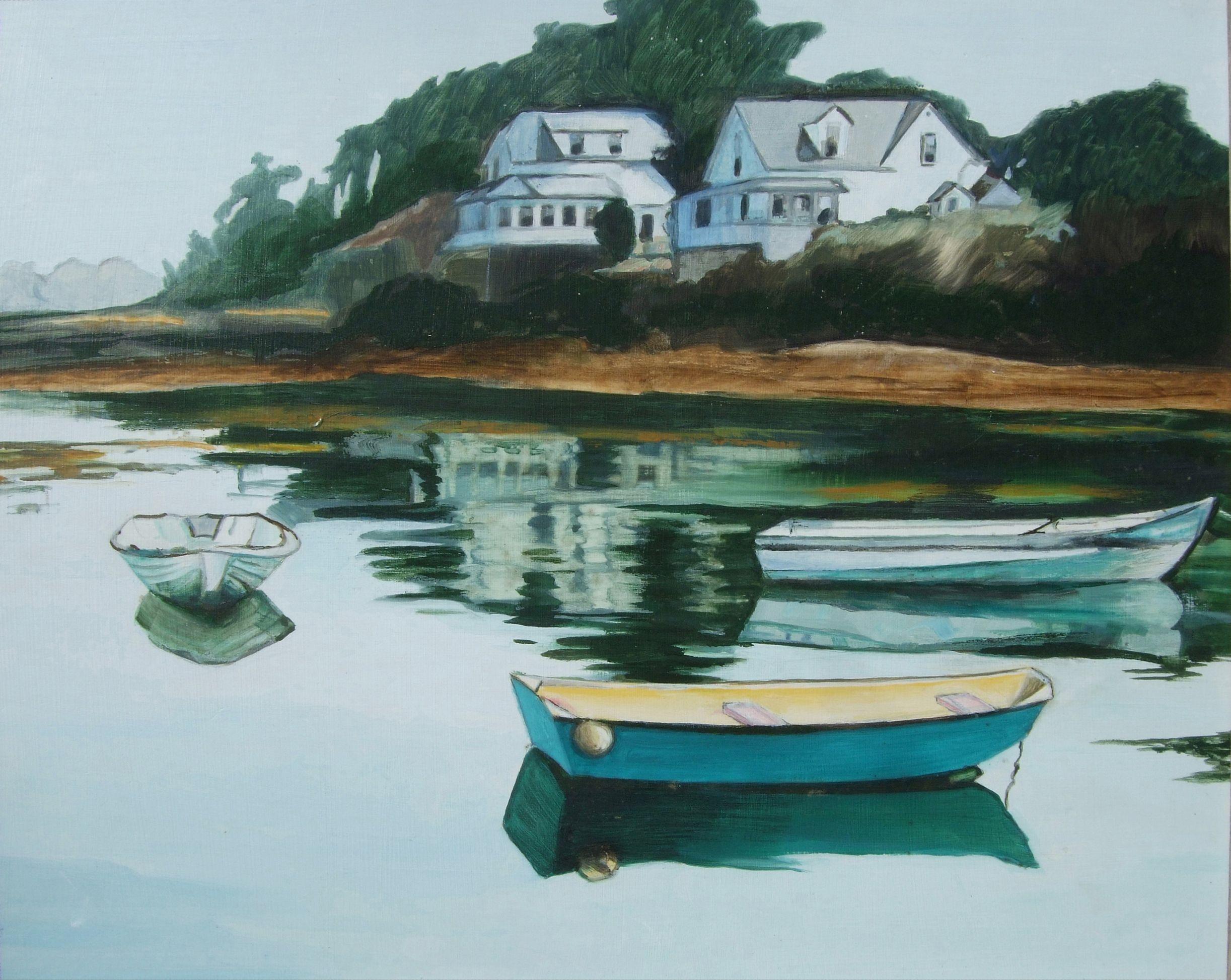 Idyllic, peaceful painting of three rowboats moored on the water in a cove in Maine. :: Painting :: Realism :: This piece comes with an official certificate of authenticity signed by the artist :: Ready to Hang: No :: Signed: Yes :: Signature