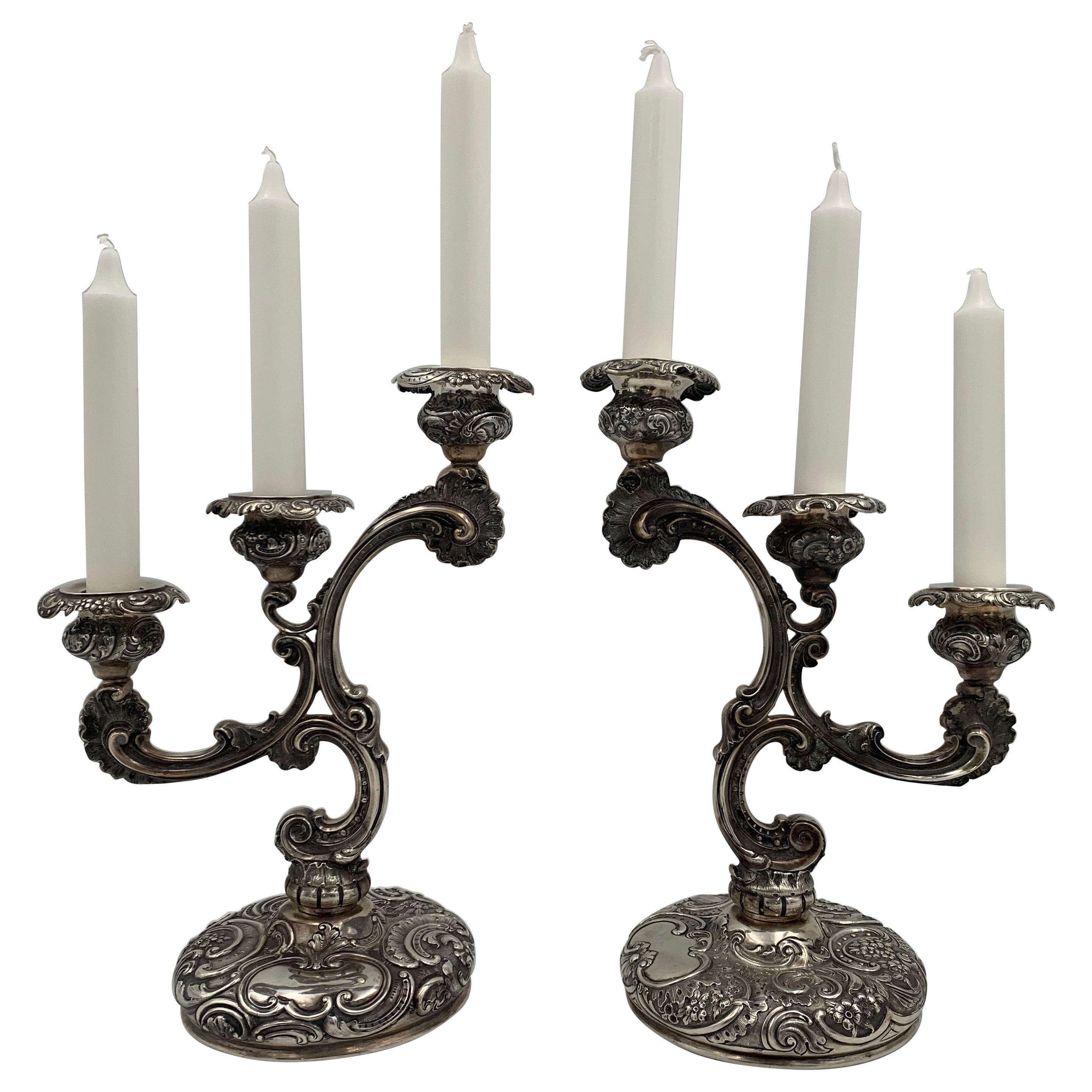 Leuchars English 1889 Pair of 3-Light Sterling Silver Candelabra in Rococo Style