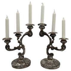 Leuchars English 1889 Pair of 3-Light Sterling Silver Candelabra in Rococo Style