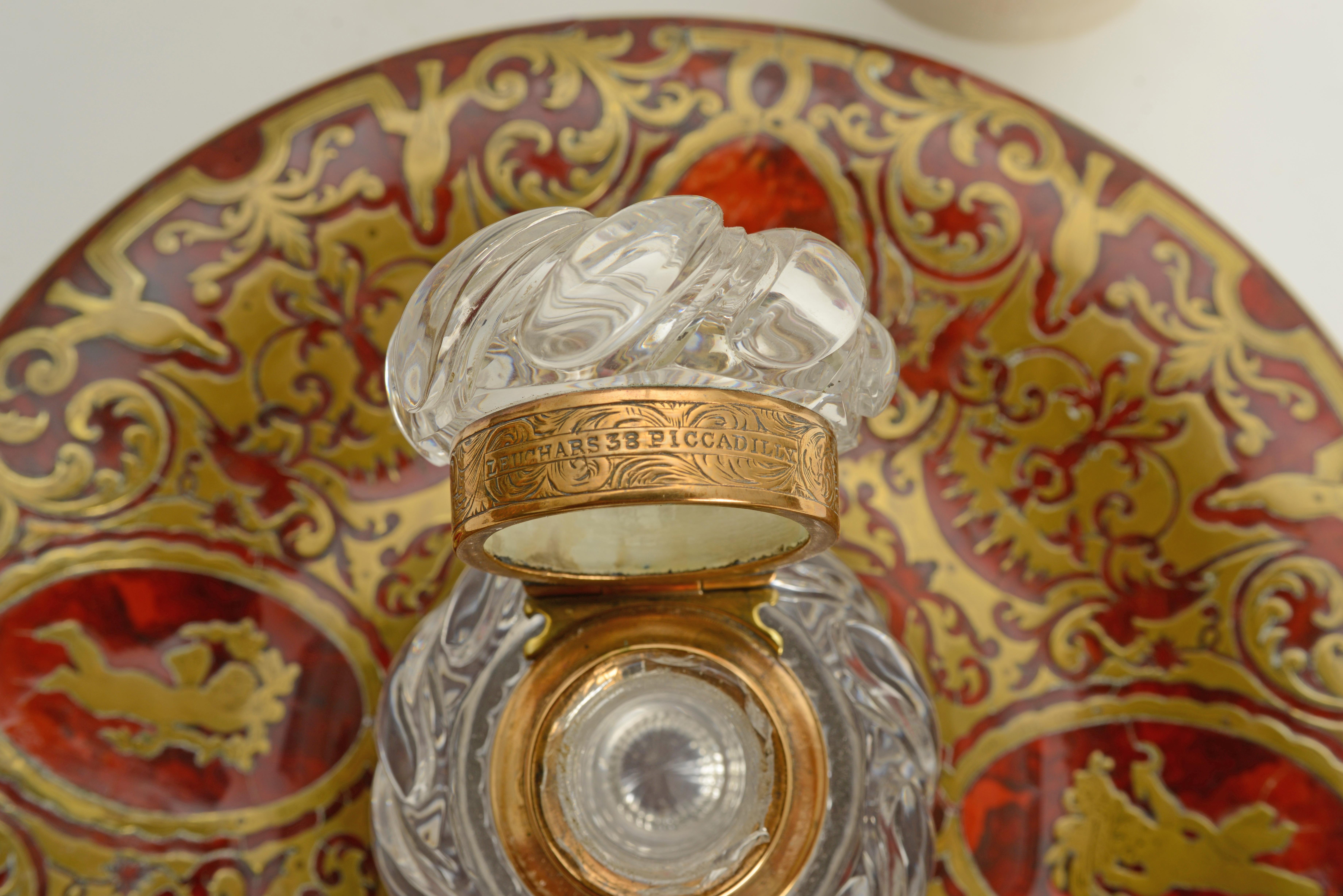 Leuchars & Sons Brass Inlaid Boulle Inkstand with Spiral Crystal Inkwell For Sale 4