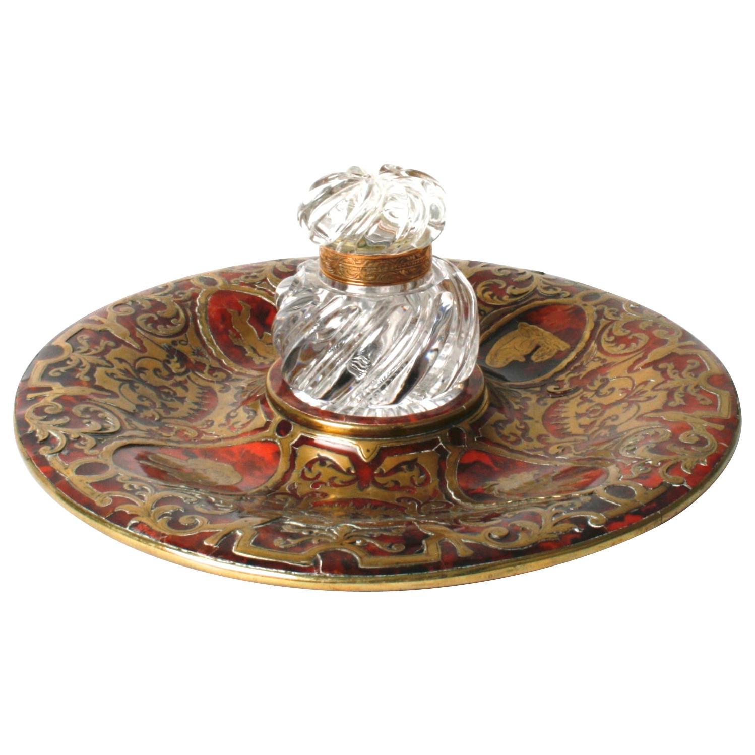 Leuchars & Sons Brass Inlaid Boulle Inkstand with Spiral Crystal Inkwell