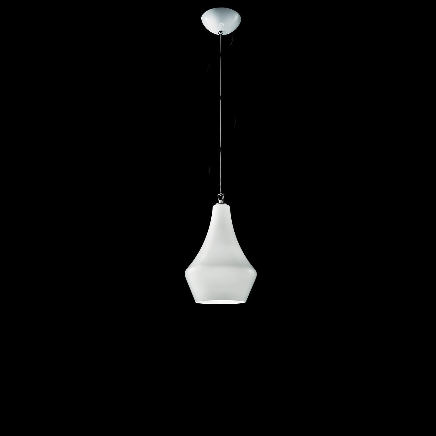 The Alma Pendant is a striking and graceful pendant made with a traditional Murano hand blown glass technique called incamiciato (Italian for “jacketed” or “layered”), which requires multiple layers of glass during the blowing process. Created on a