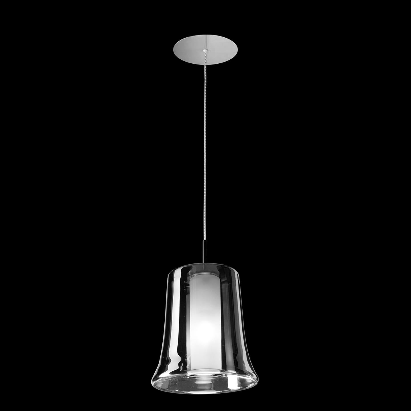 The Cloche collection was designed by Danilo De Rossi in 2013 using a clever, two-tone glass layering technique that transforms the Cloche’s simple form into a complex and dynamic lighting statement. Cloche is composed of a clear glass exterior