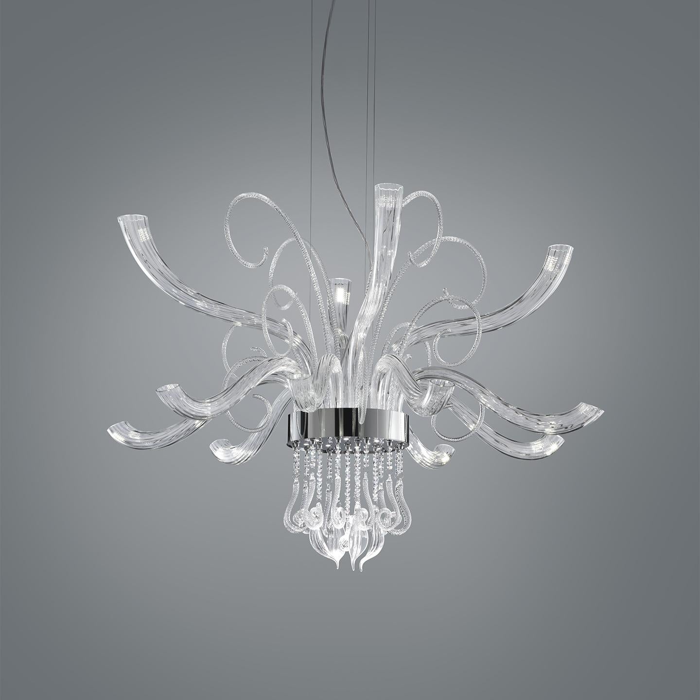 The Elysée chandelier evokes the traditional style of a Murano chandelier, but with a modern twist. Designed by Marina Toscano, Elysée is composed of translucent, hand blown Italian glass tendrils that break out into sculptural, LED-illuminated