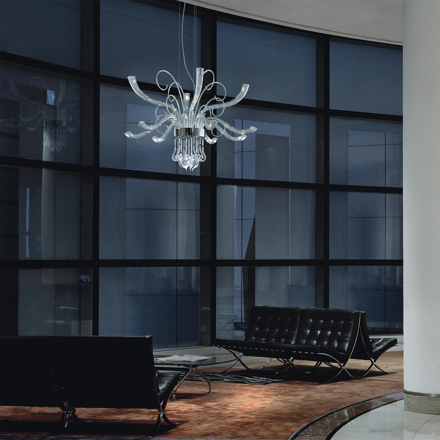 Italian Leucos Elysee L 12 LED Chandelier in Crystal and Chrome by Mari Toscano For Sale