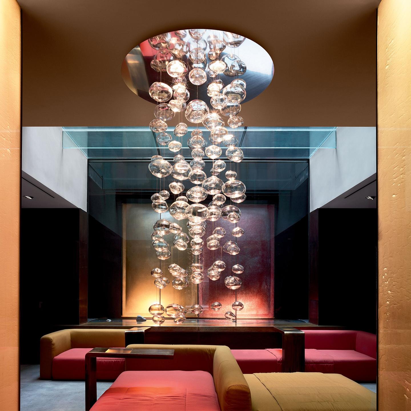 Italian Leucos Ether S 150 Chandelier in Transparent and Polished Steel by Patrick Jouin For Sale