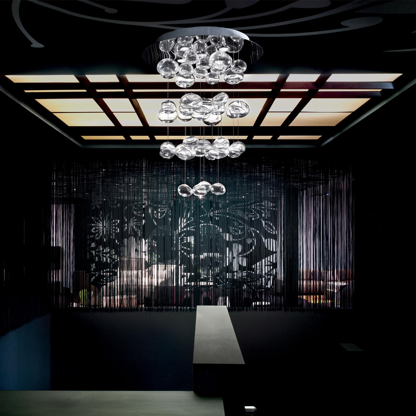 Italian Leucos Ether S Chandelier in Transparent and Polished Steel by Patrick Jouin For Sale