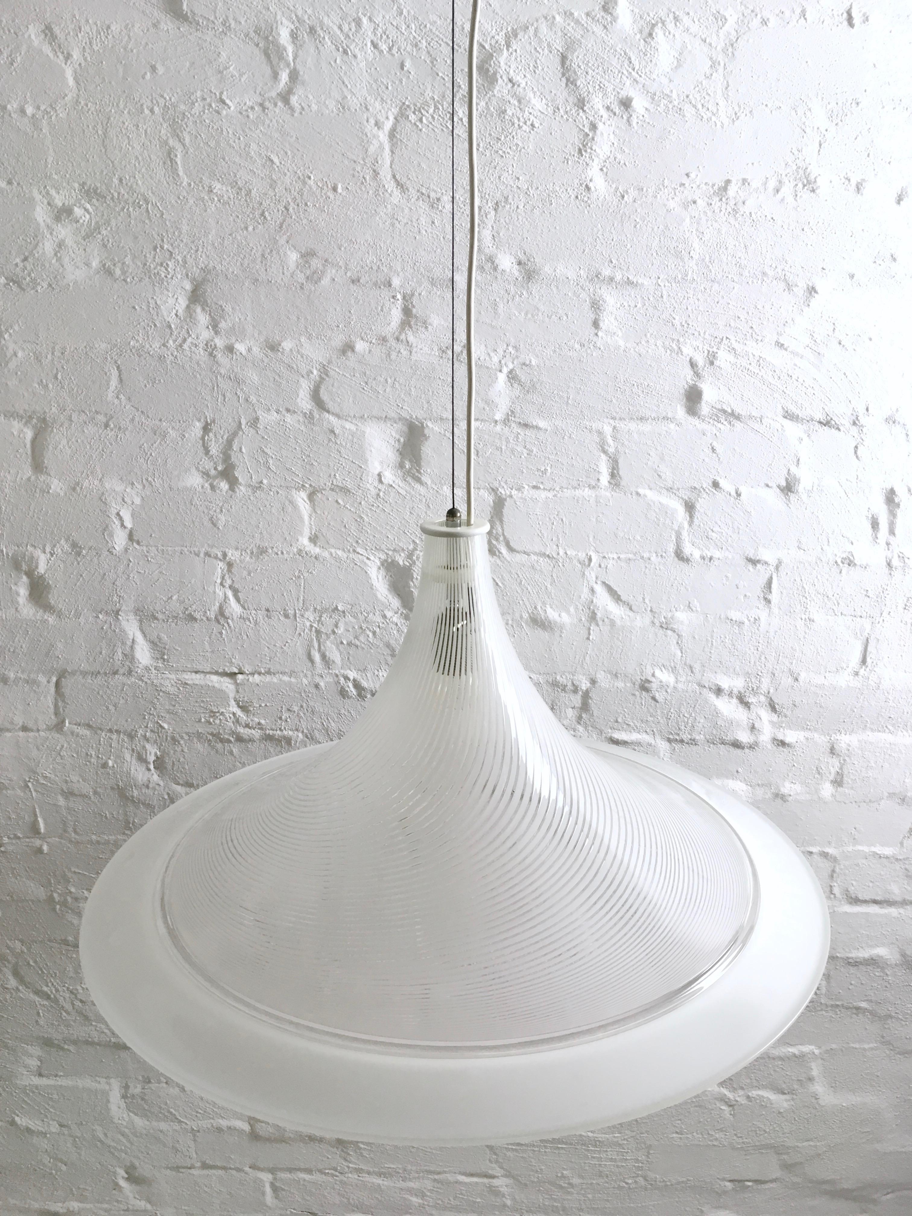 Large Murano White and Clear Tessuto Glass Pendant Light 1970s 4