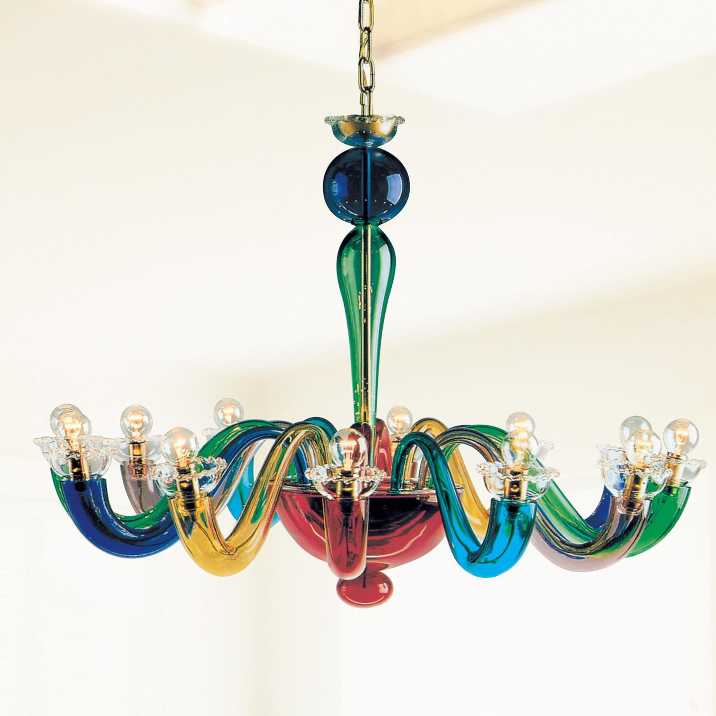 The Serenisima chandelier is a colorful lamp that perfectly mixes history, handmade craftsmanship and playfulness. Serenisima’s design comes from the historical archives of Leucos and is an iconic example of bright, colorful Venetian glass used in a