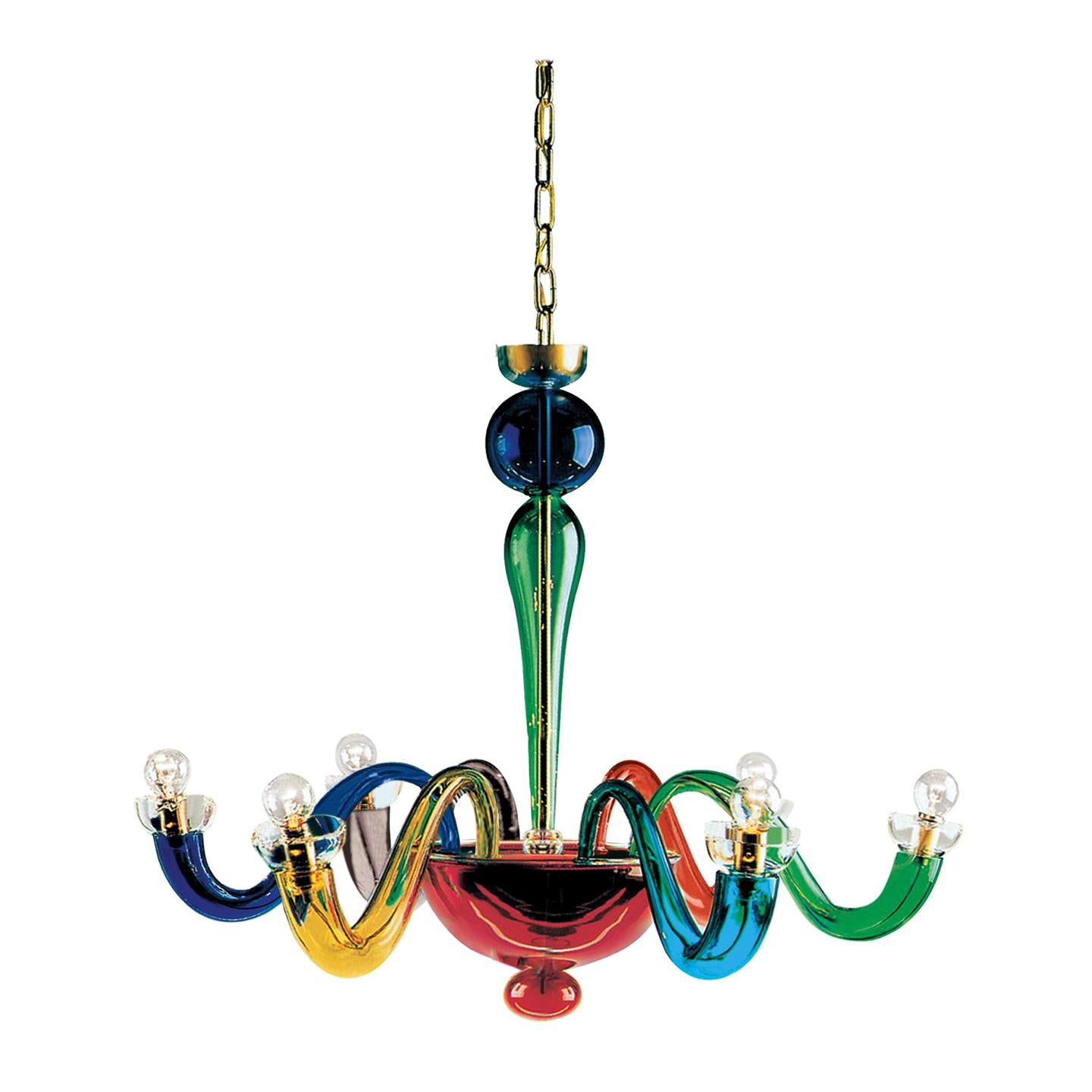 The Serenisima chandelier is a colorful lamp that perfectly mixes history, handmade craftsmanship and playfulness. Serenisima’s design comes from the historical archives of Leucos and is an iconic example of bright, colorful Venetian glass used in a