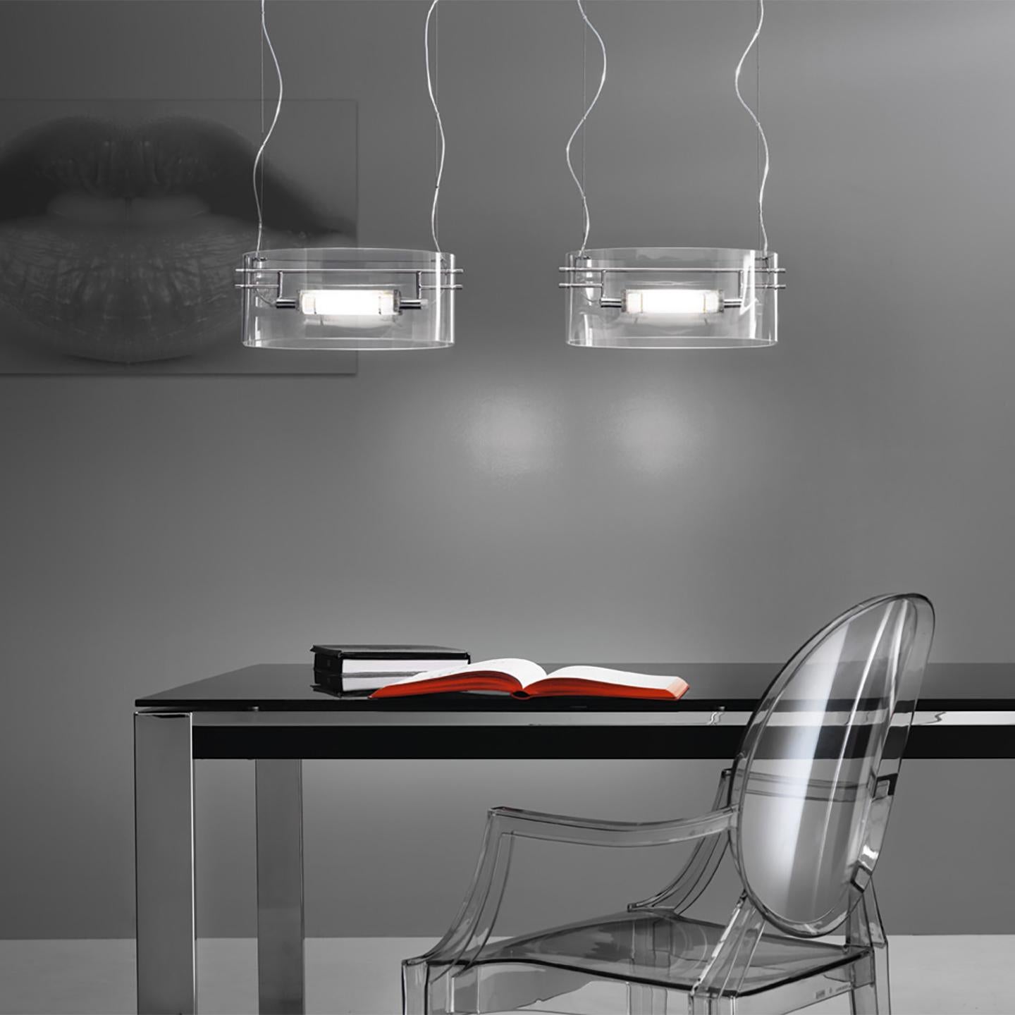 Italian Leucos Vittoria S Pendant Light in Clear and Chrome by Toso, Massari & Assoc.  For Sale