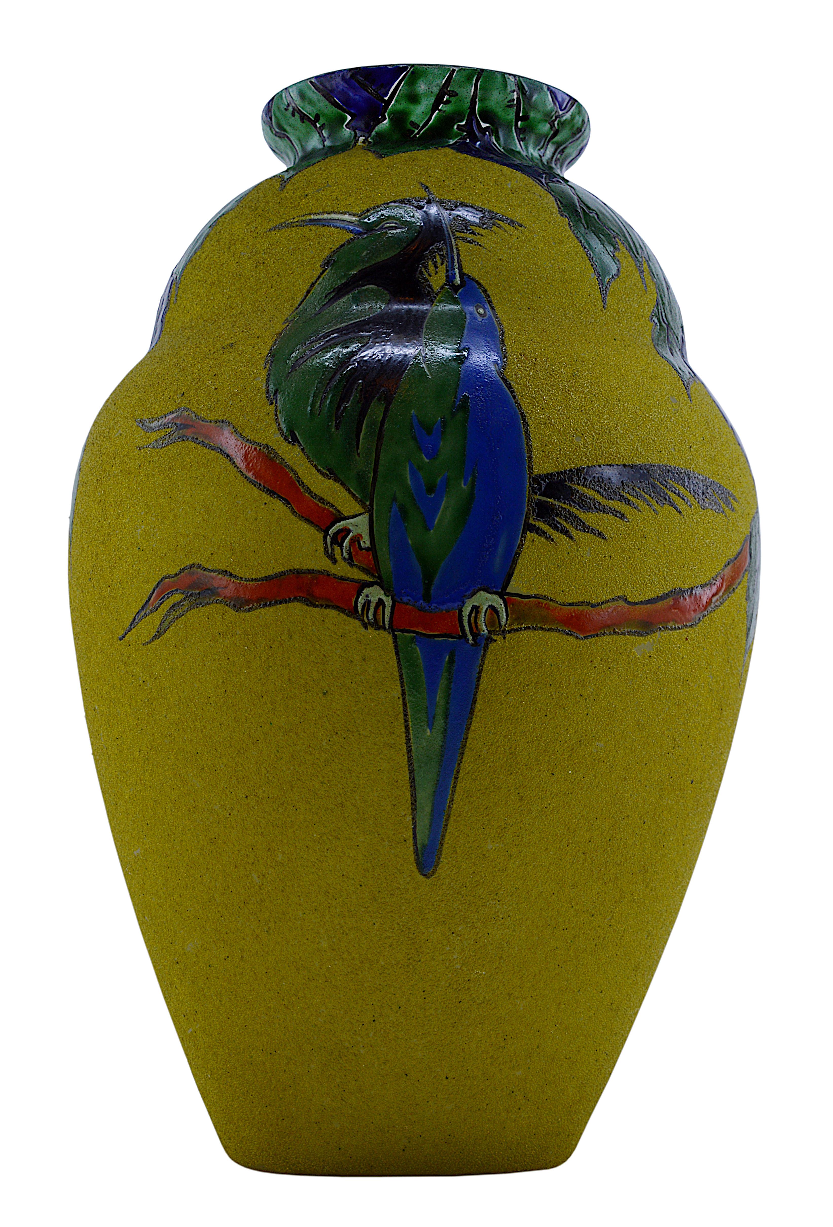 French Art Deco pendant by LEUNE, 28bis rue du Cardinal Lemoine, Paris, France, 1920s. Granite glass vase with enameled pattern. Two birds in a tree. Measures: Height 9.8