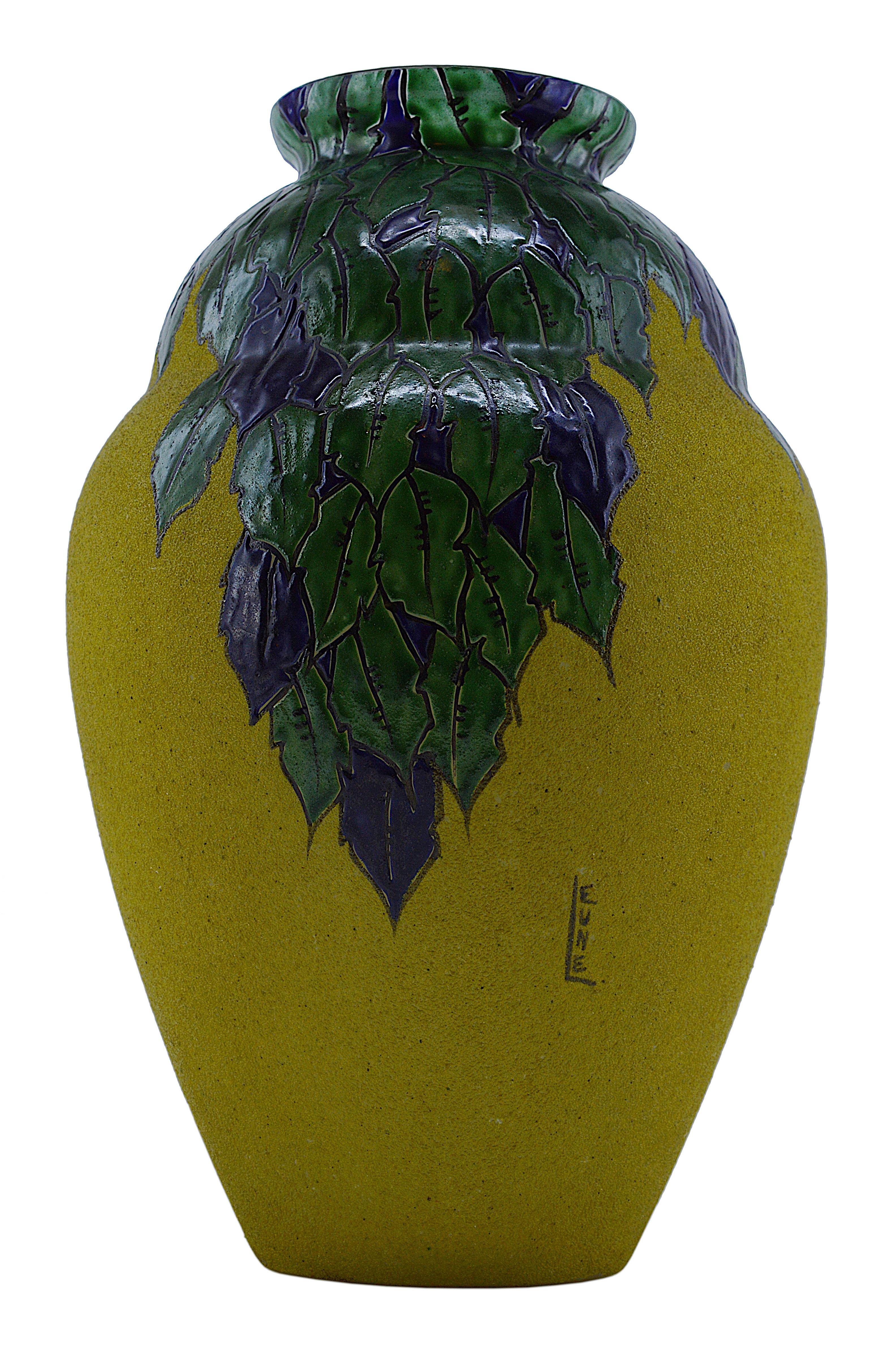 Enameled Leune Franch Art Deco Bird Vase, 1920s