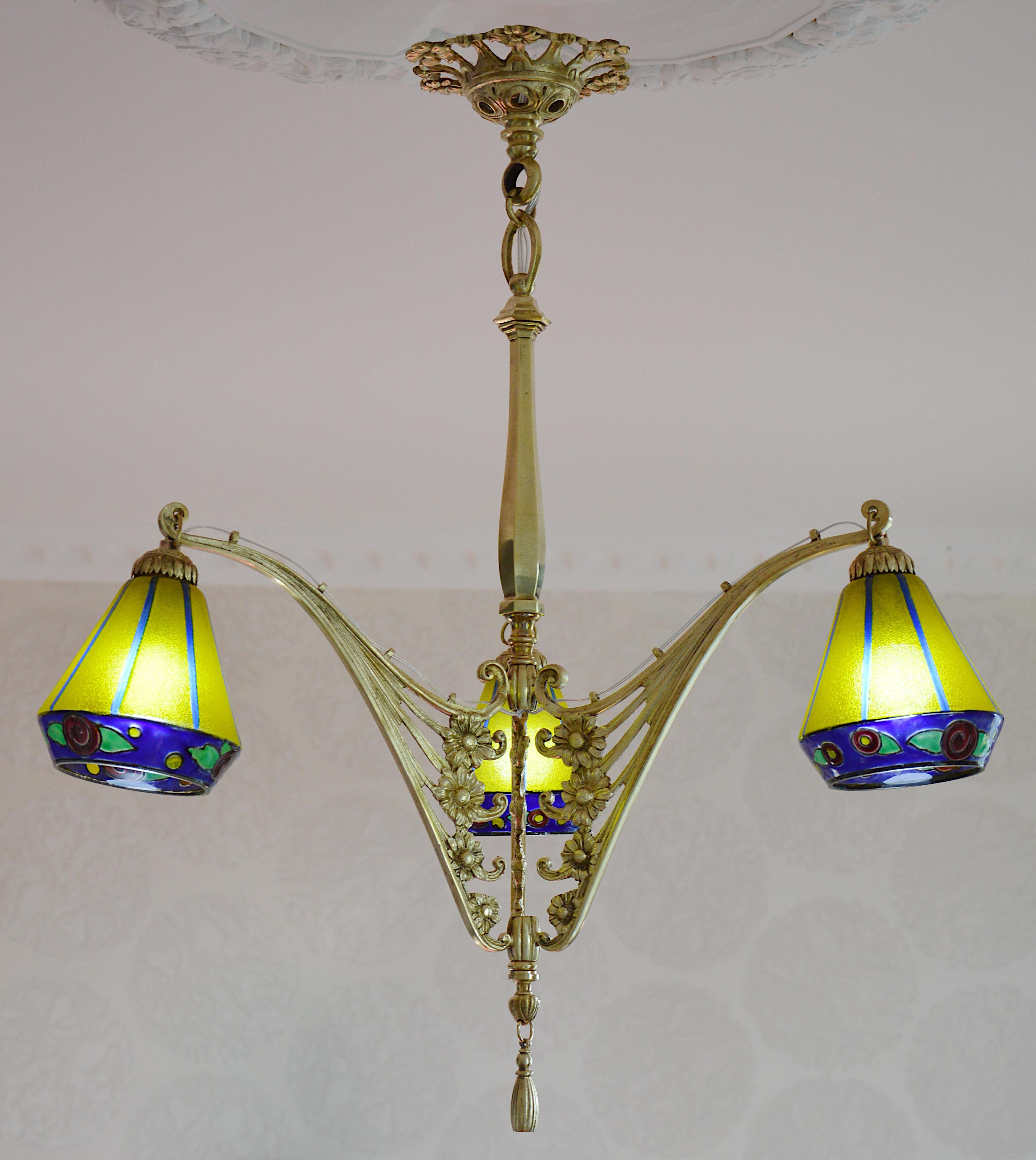 Enameled Leune French Art Deco Chandelier, 1920 For Sale