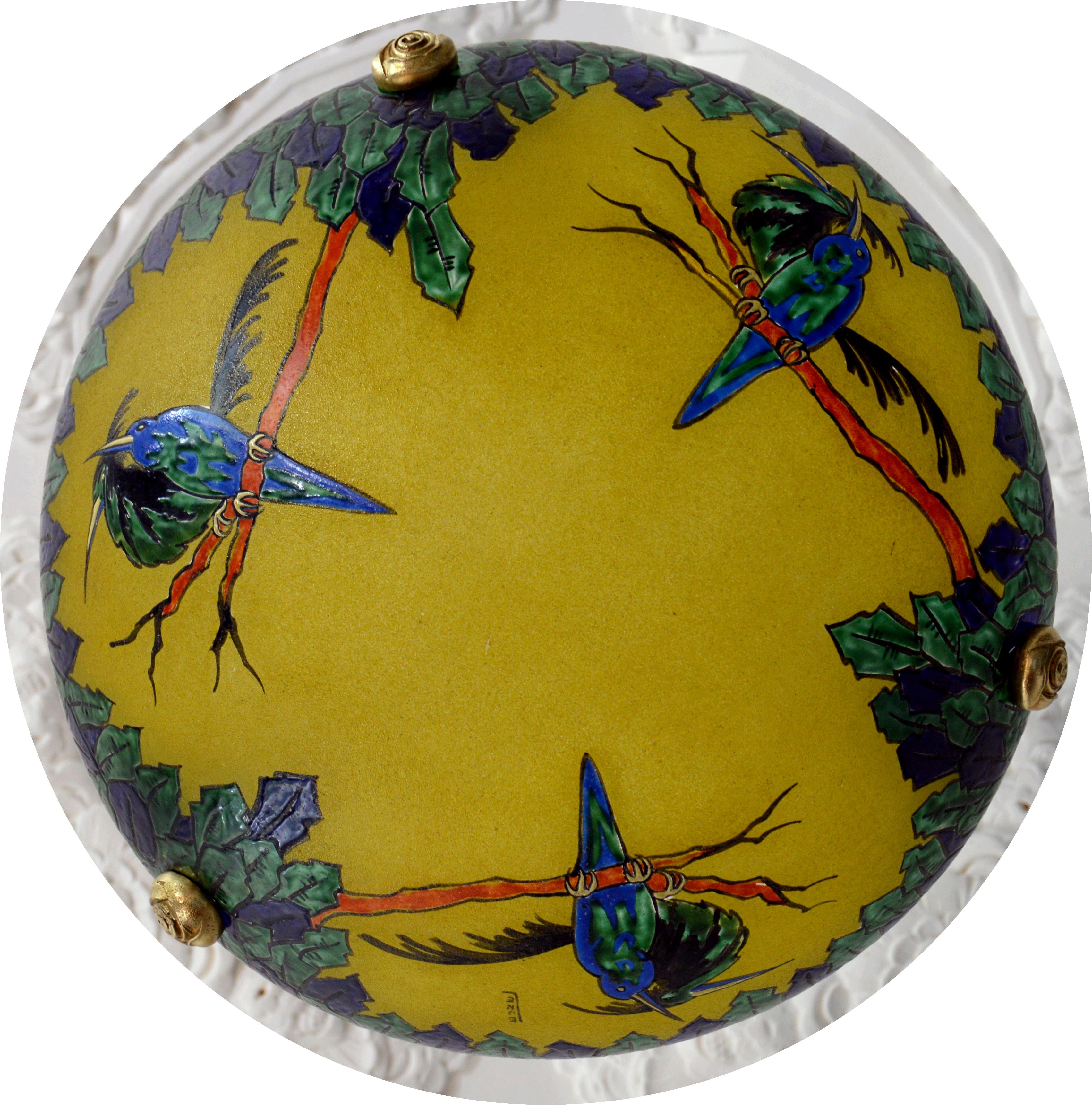 Leune French Art Deco Enameled Bird Pendant Chandelier, 1920s In Excellent Condition In Saint-Amans-des-Cots, FR