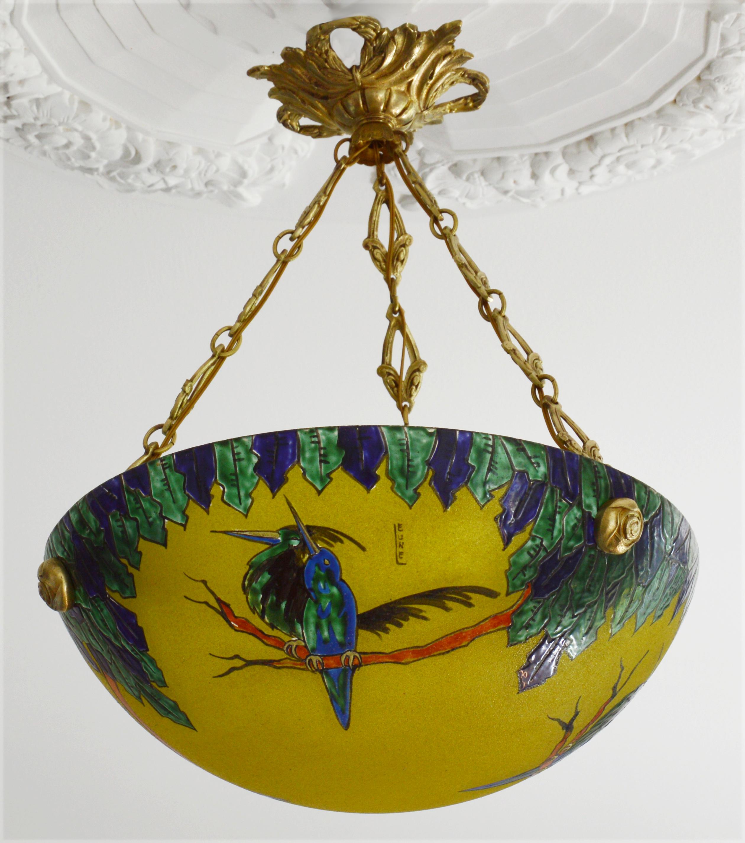 Early 20th Century Leune French Art Deco Enameled Bird Pendant Chandelier, 1920s