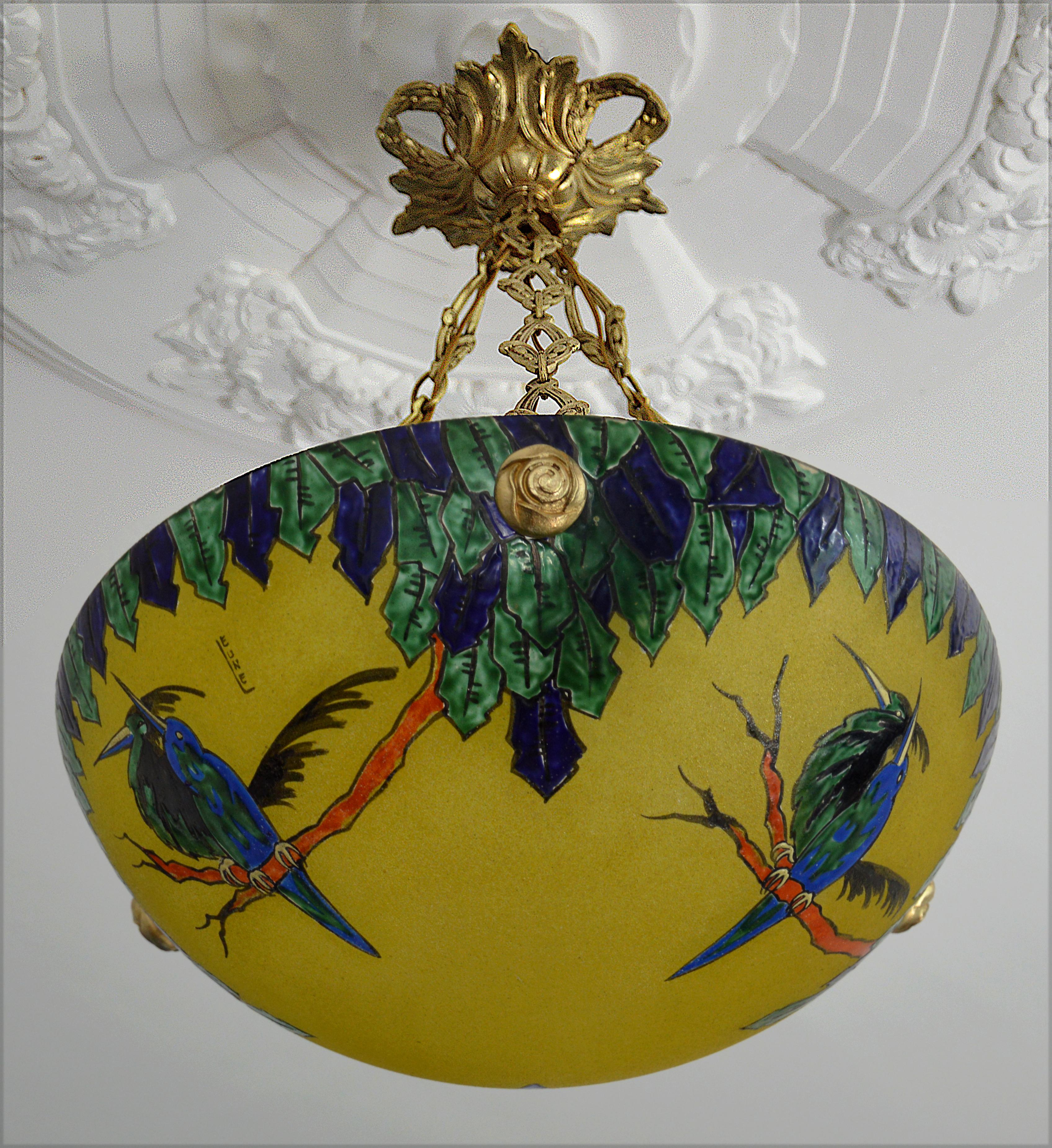 Leune French Art Deco Enameled Bird Pendant Chandelier, 1920s 1