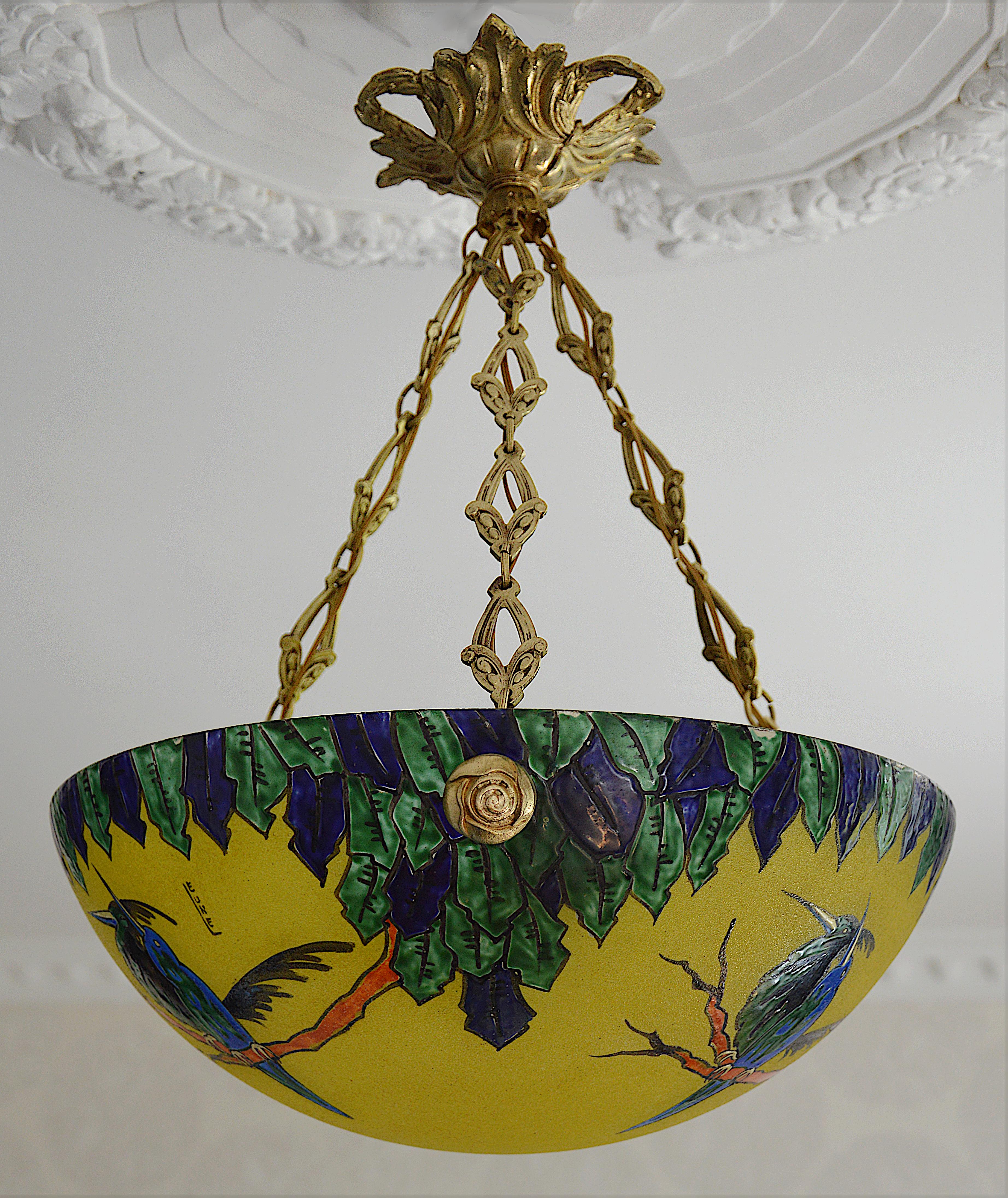 Leune French Art Deco Enameled Bird Pendant Chandelier, 1920s 2