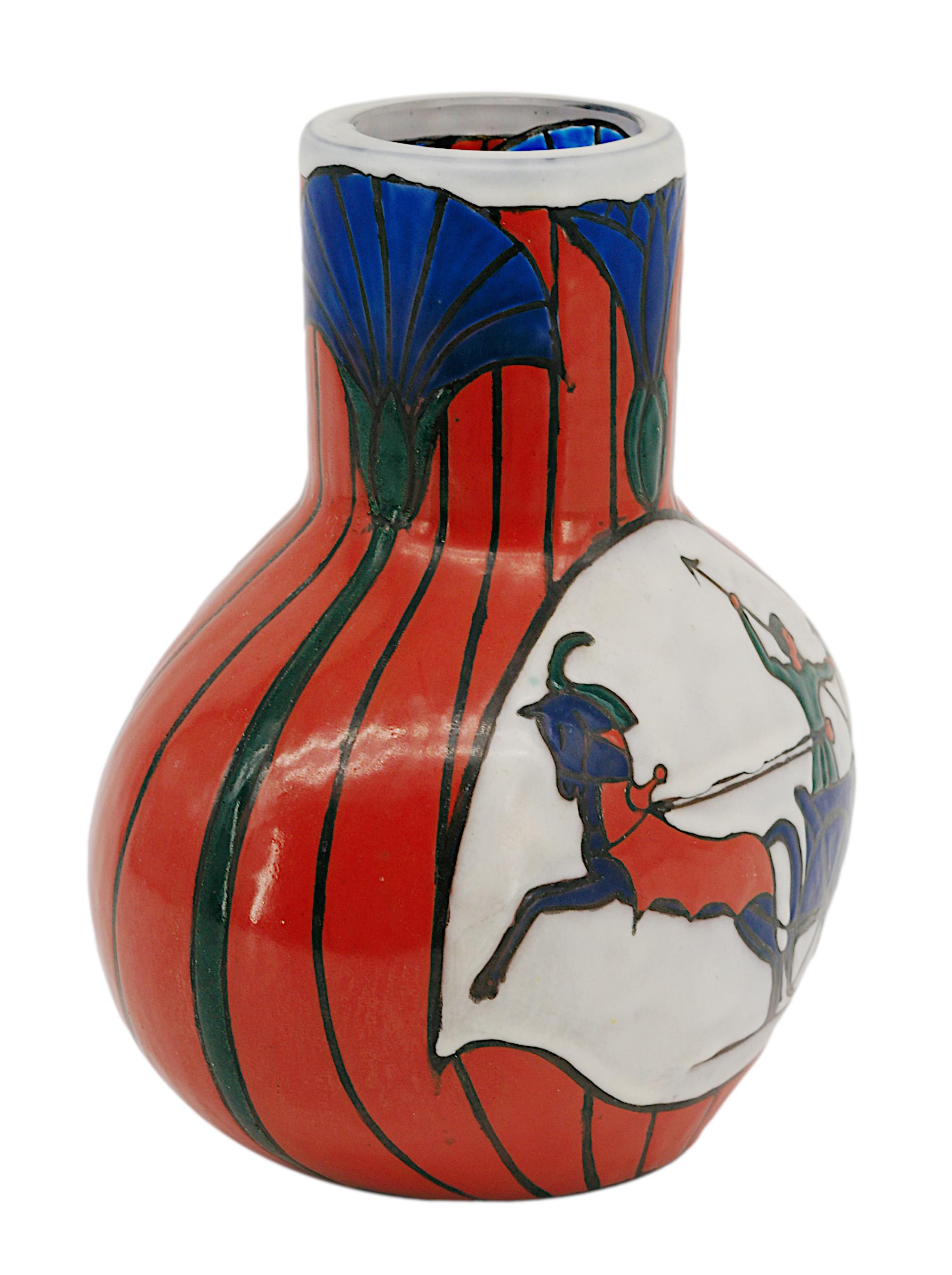 Early 20th Century LEUNE French Art Deco Enameled Glass Vase, 1920s For Sale