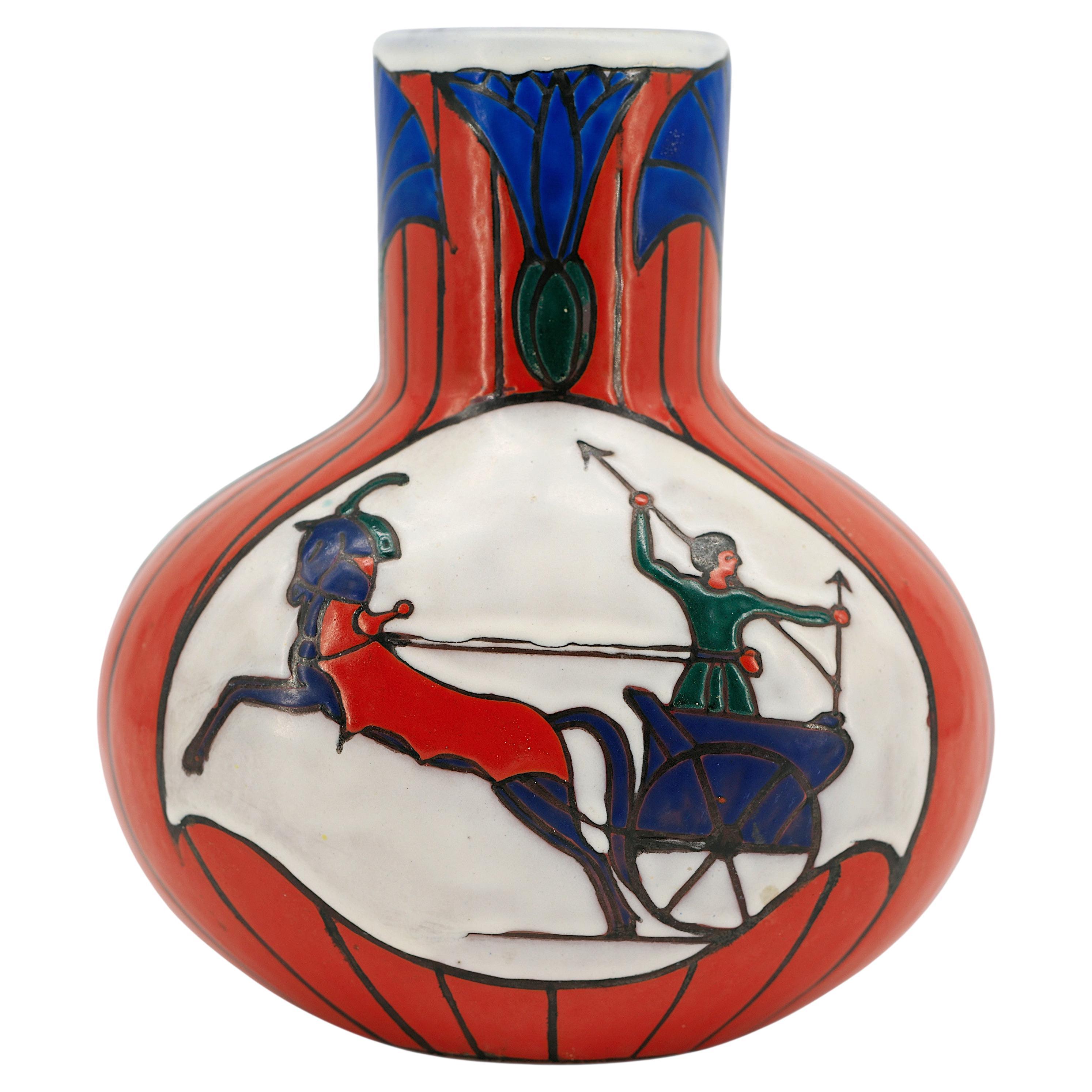 LEUNE French Art Deco Enameled Glass Vase, 1920s For Sale