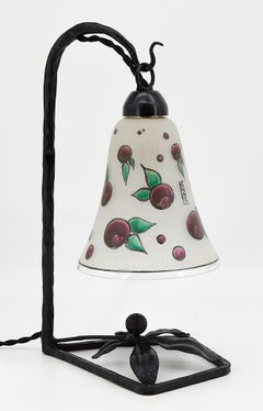 French Art Deco Table Lamp by Leune, Enameled Glass & Iron, 1920s