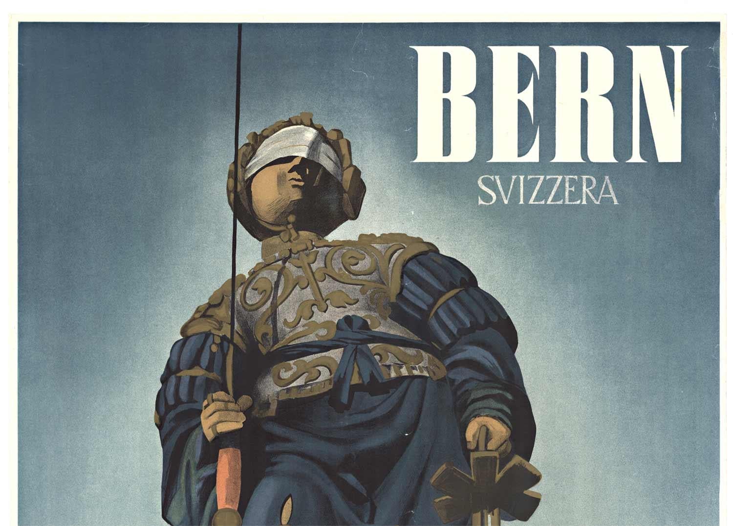Originales Original-Vintage-Poster „Bern Svizzera“, Blind scale of justice – Print von Leutenegger 