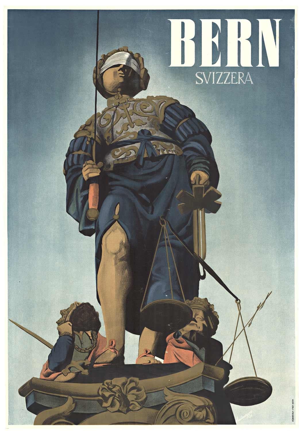 Leutenegger  Still-Life Print – Originales Original-Vintage-Poster „Bern Svizzera“, Blind scale of justice